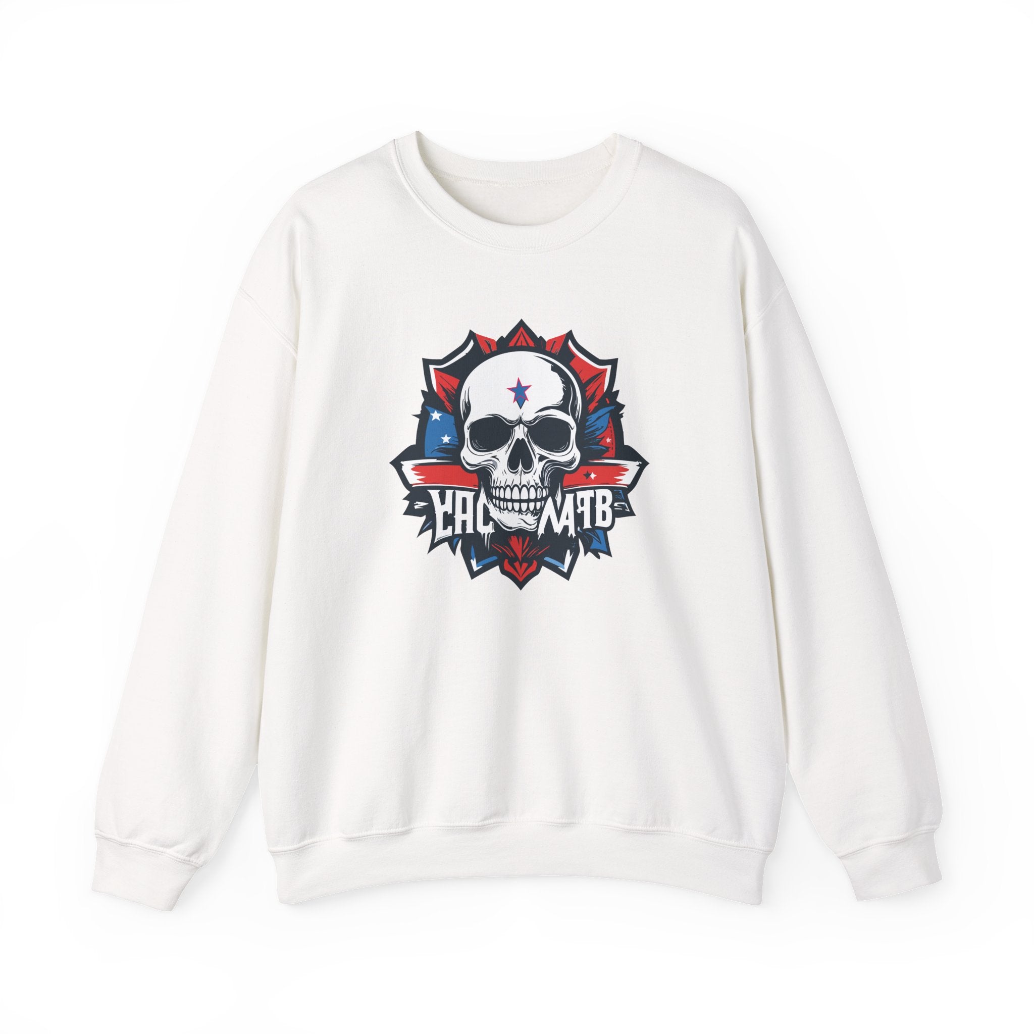 White sweatshirt with a skull and flag design on a white background