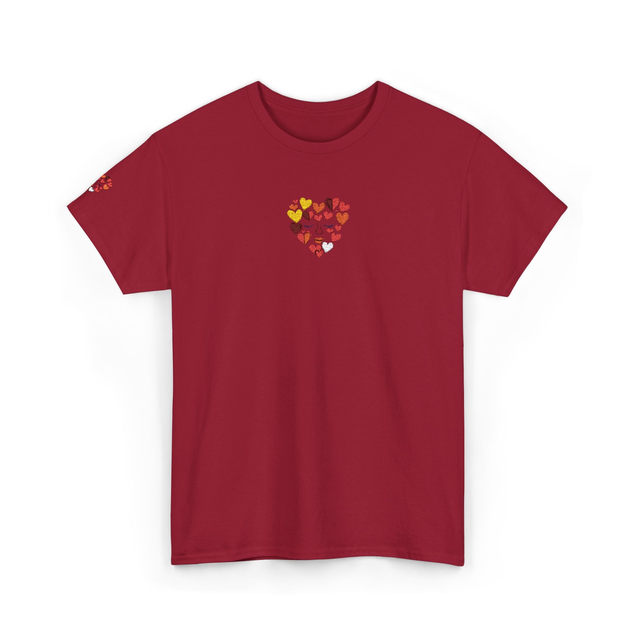 Red t-shirt with colorful heart design on a white background