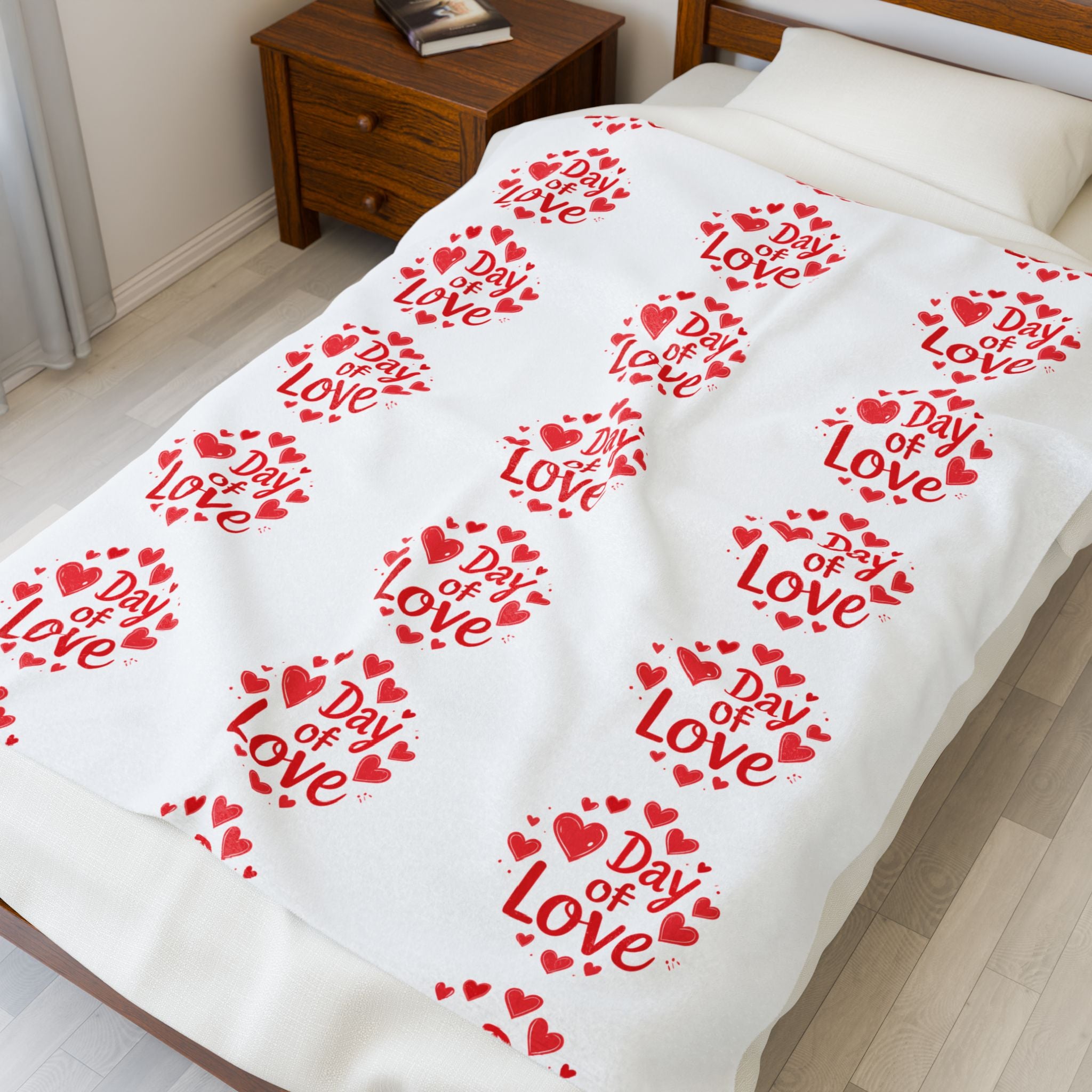 Bedspread with 'Day of Love' text and heart patterns on a bed in a bedroom.