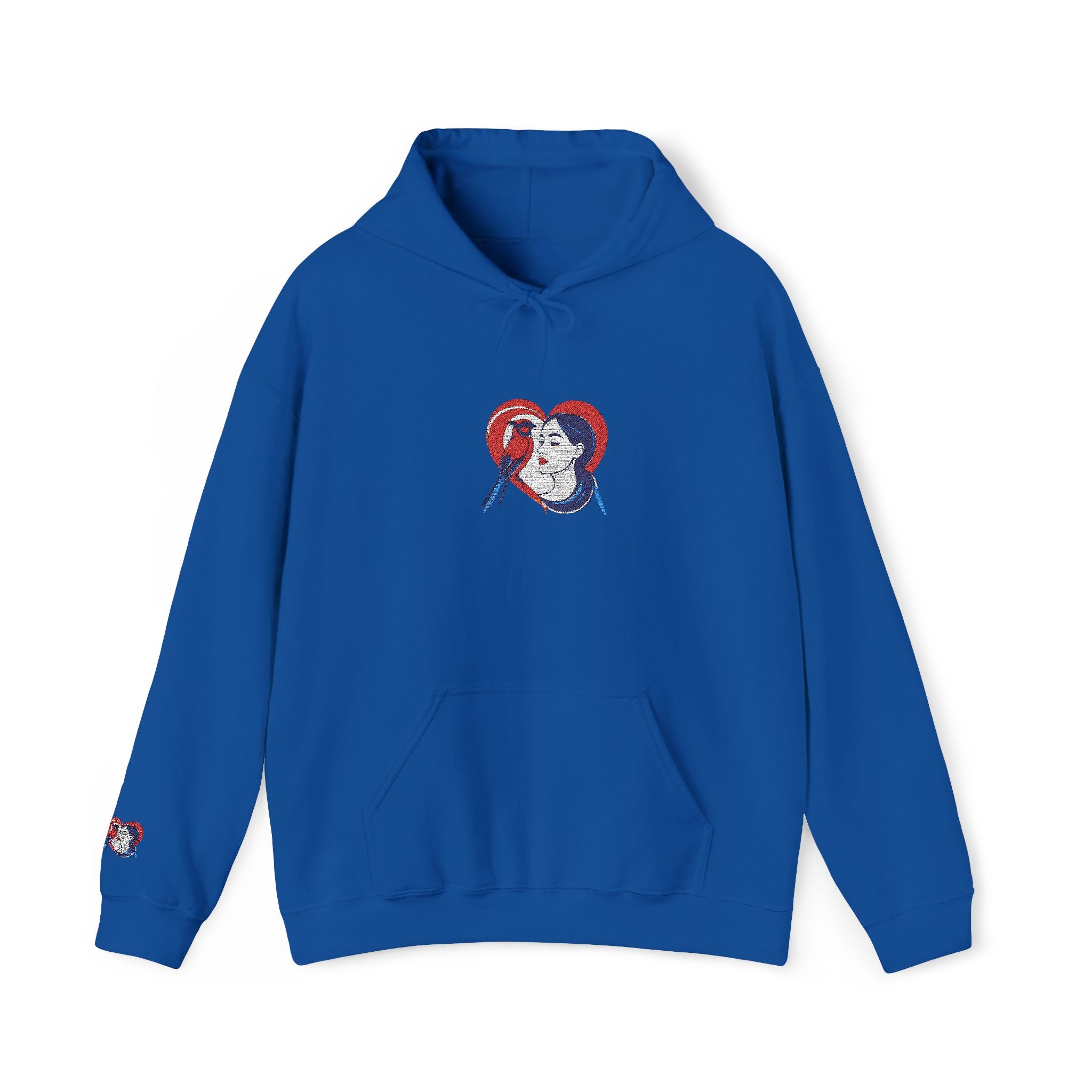 Blue hoodie with a graphic design on a white background