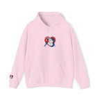 Pink hoodie with a graphic design on the chest against a white background