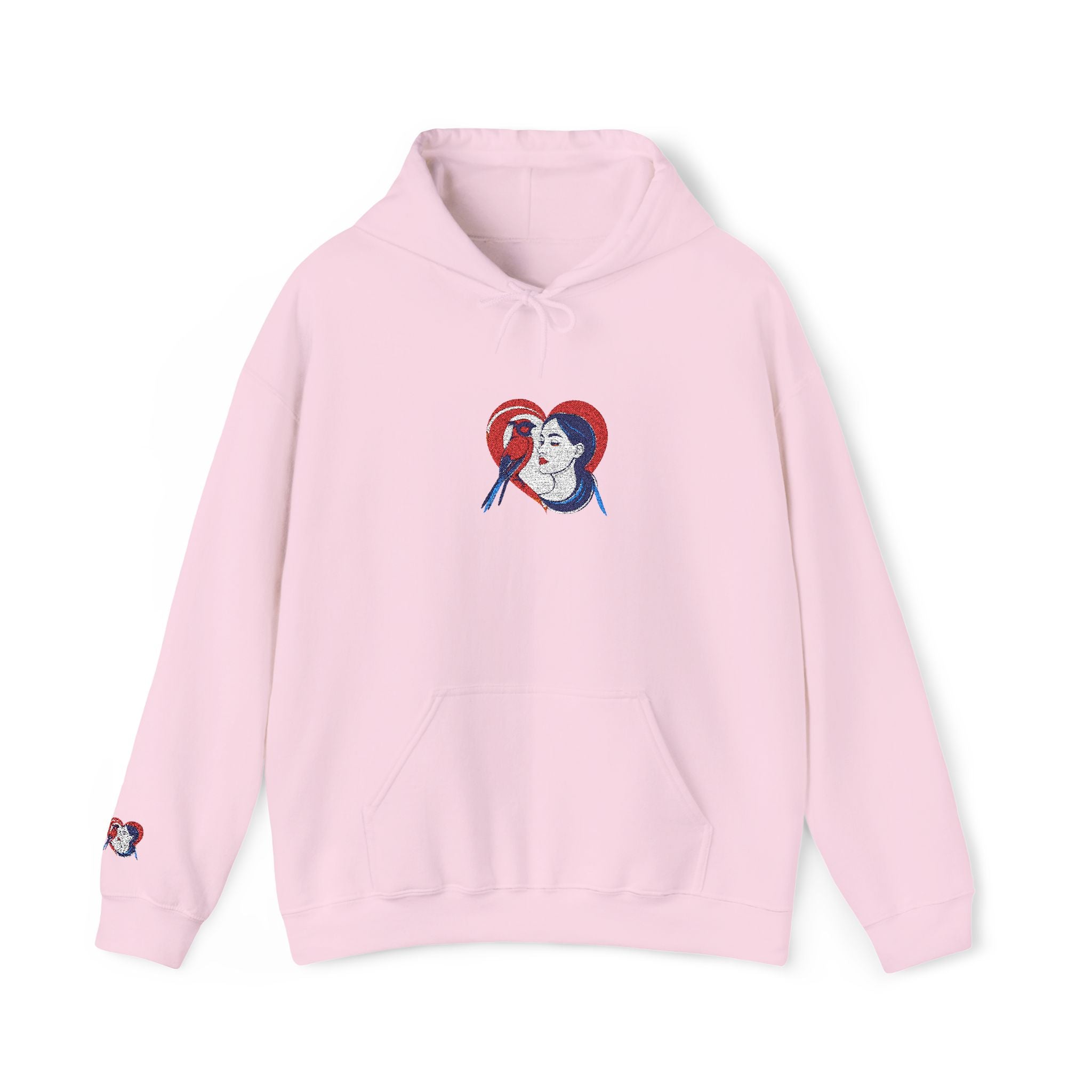 Pink hoodie with a graphic design on the chest against a white background