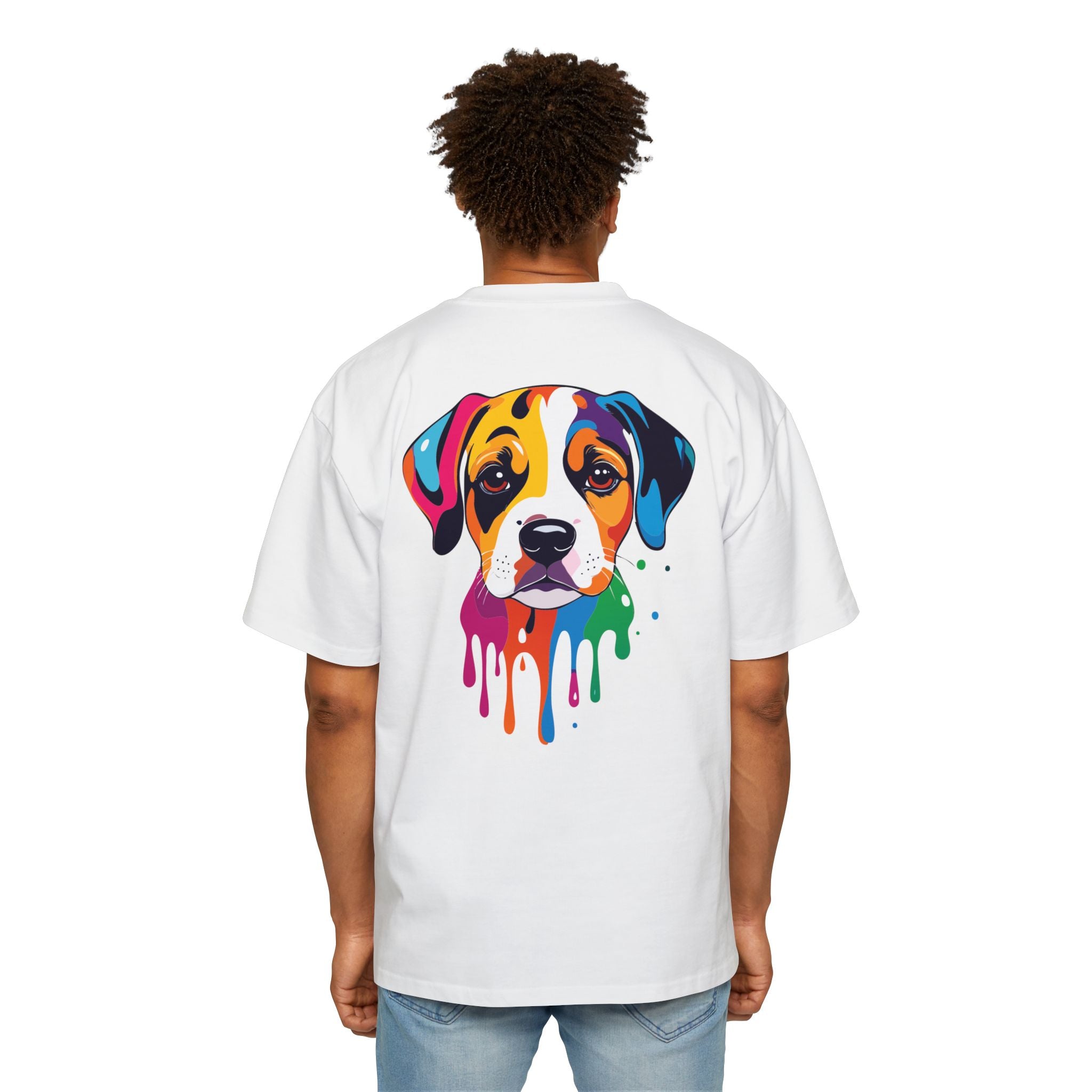 Person wearing a white t-shirt with a colorful dog graphic on the back