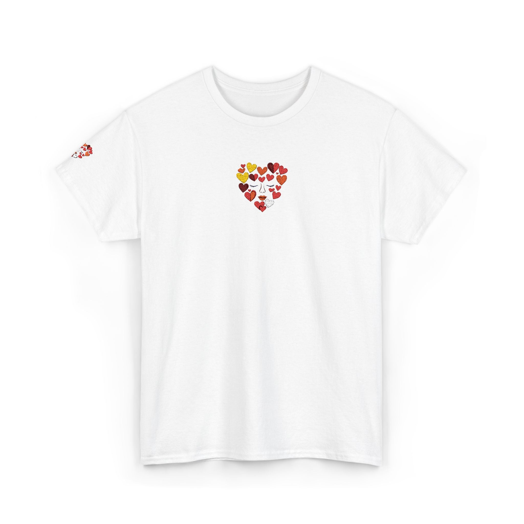 White t-shirt with colorful heart design on a white background
