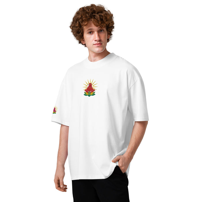 Person wearing a white t-shirt with a colorful graphic design on a white background