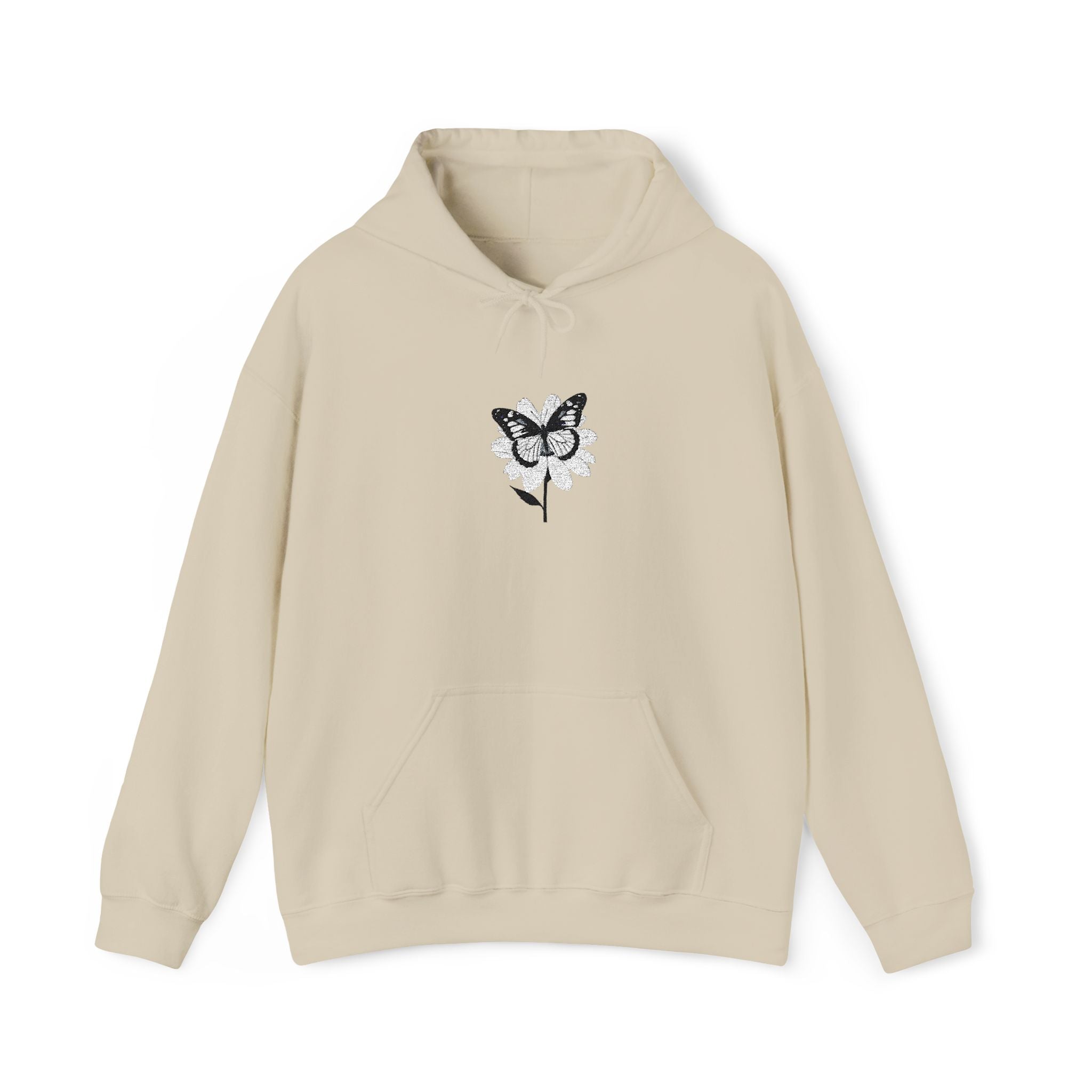 Beige hoodie with a butterfly design on a white background
