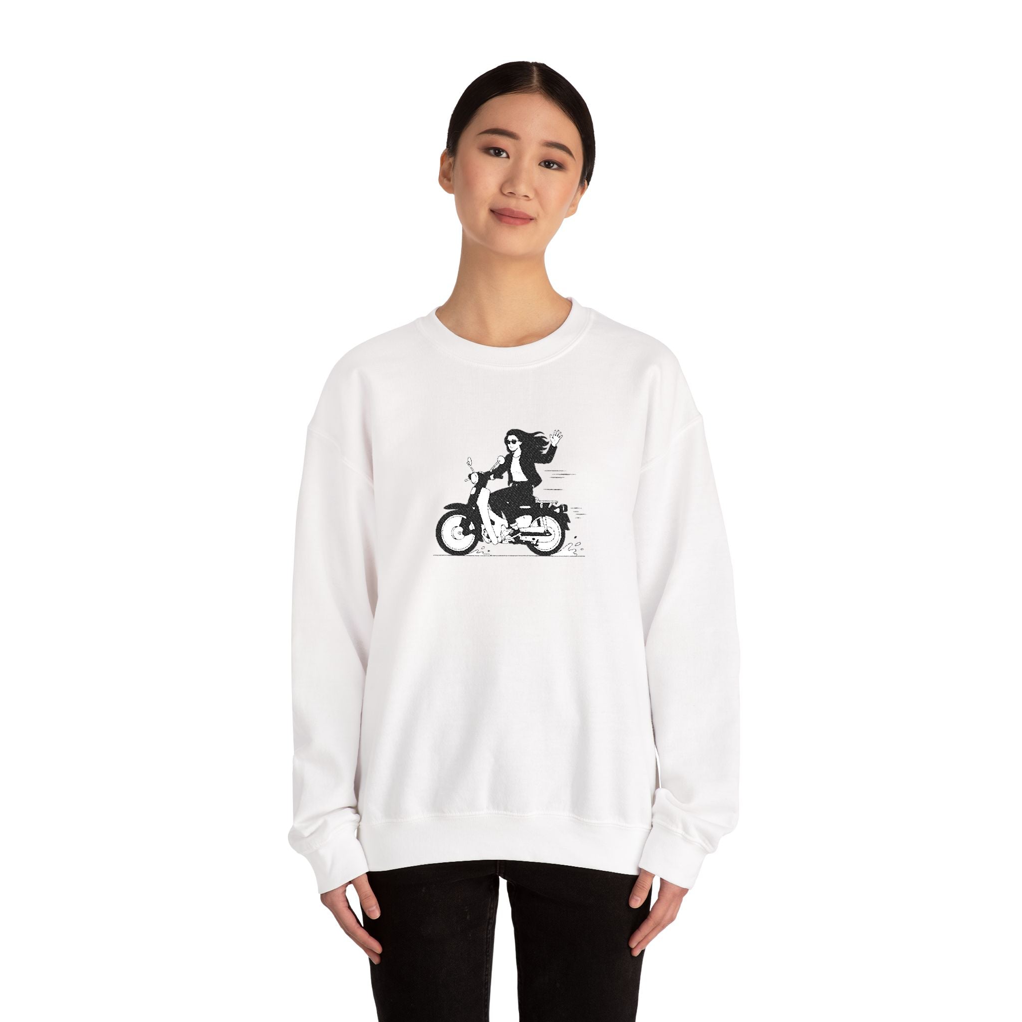 White sweatshirt with black graphic design worn by a person on a white background