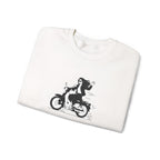 White sweatshirt with a graphic of a person on a motorcycle on a white background