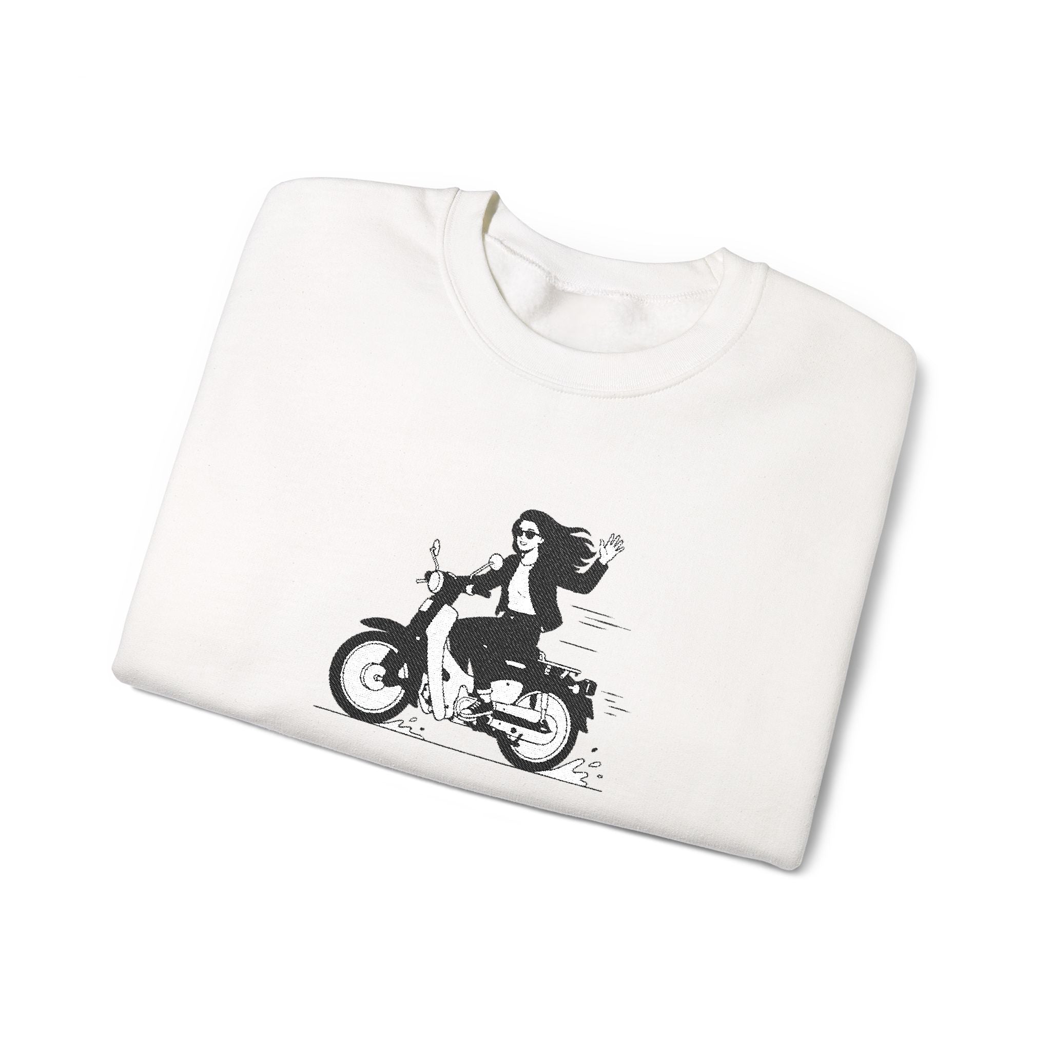 White sweatshirt with a graphic of a person on a motorcycle on a white background