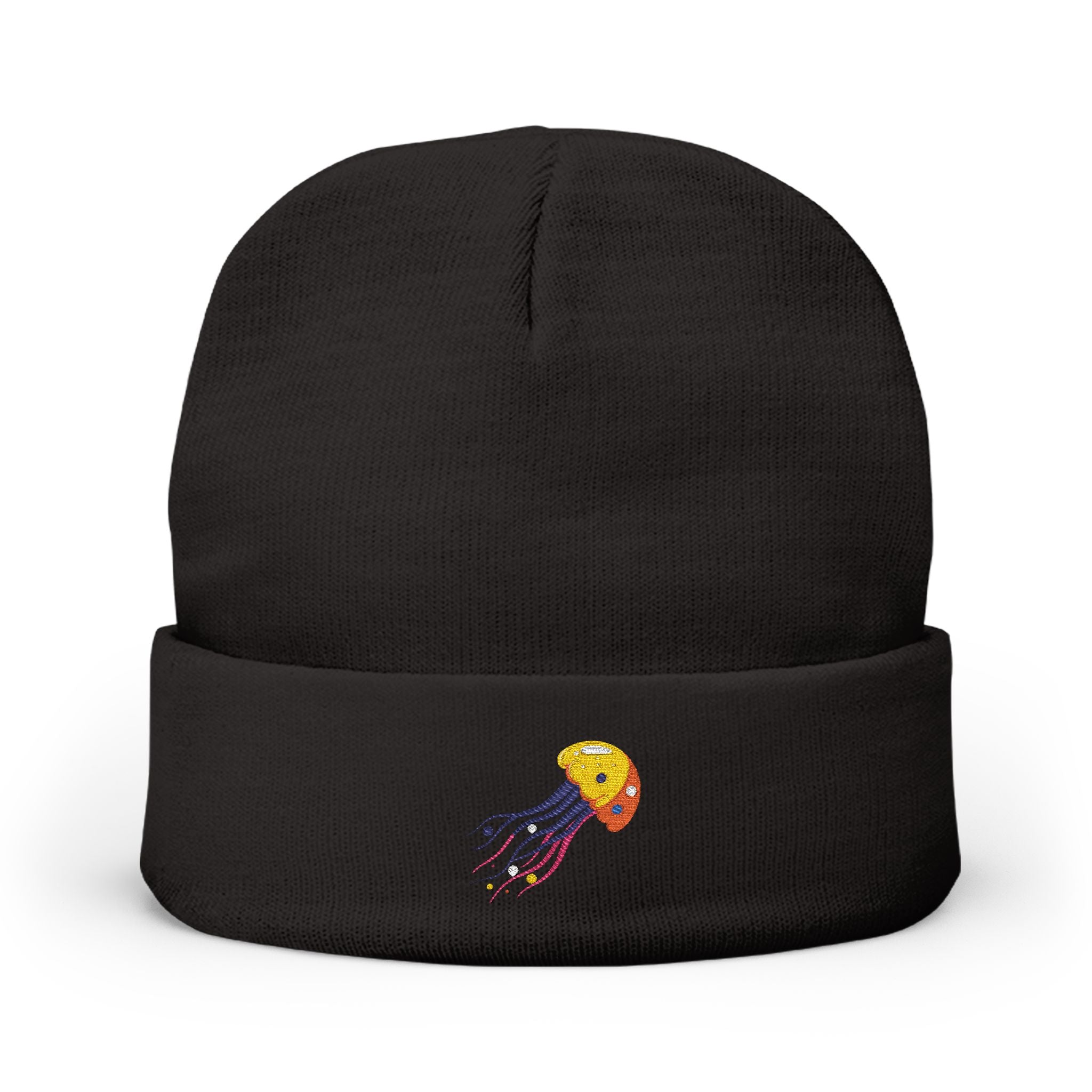 Black beanie with a colorful jellyfish design on a white background