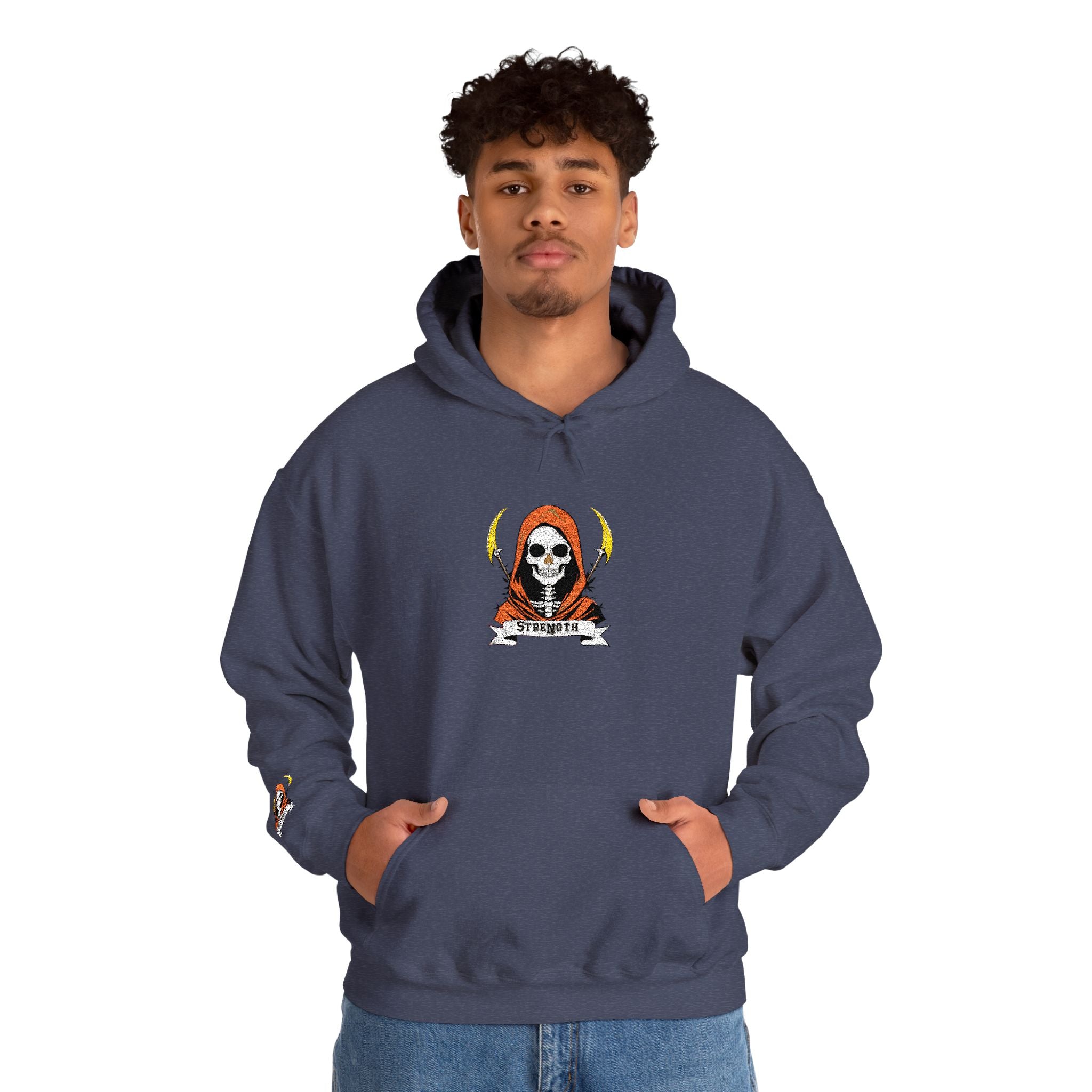 Man wearing a navy hoodie with a graphic design on a white background