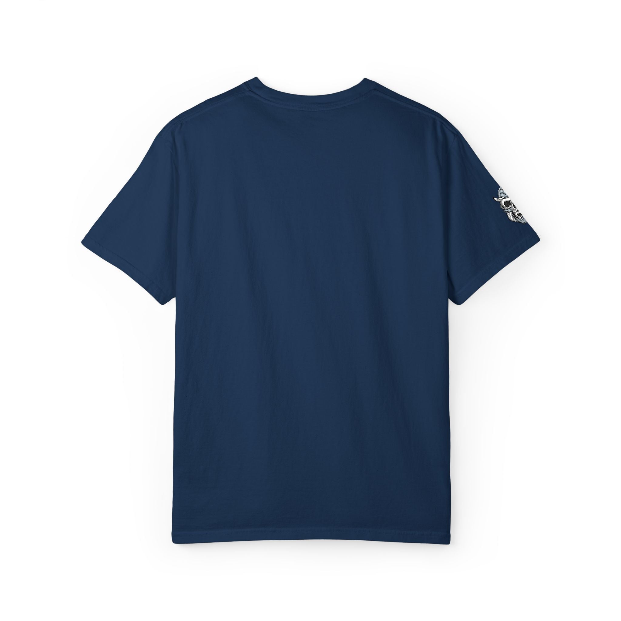 Navy blue t-shirt with a small white logo on the sleeve against a white background