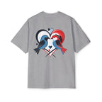 Gray t-shirt with a graphic of two birds and a heart on the back against a white background