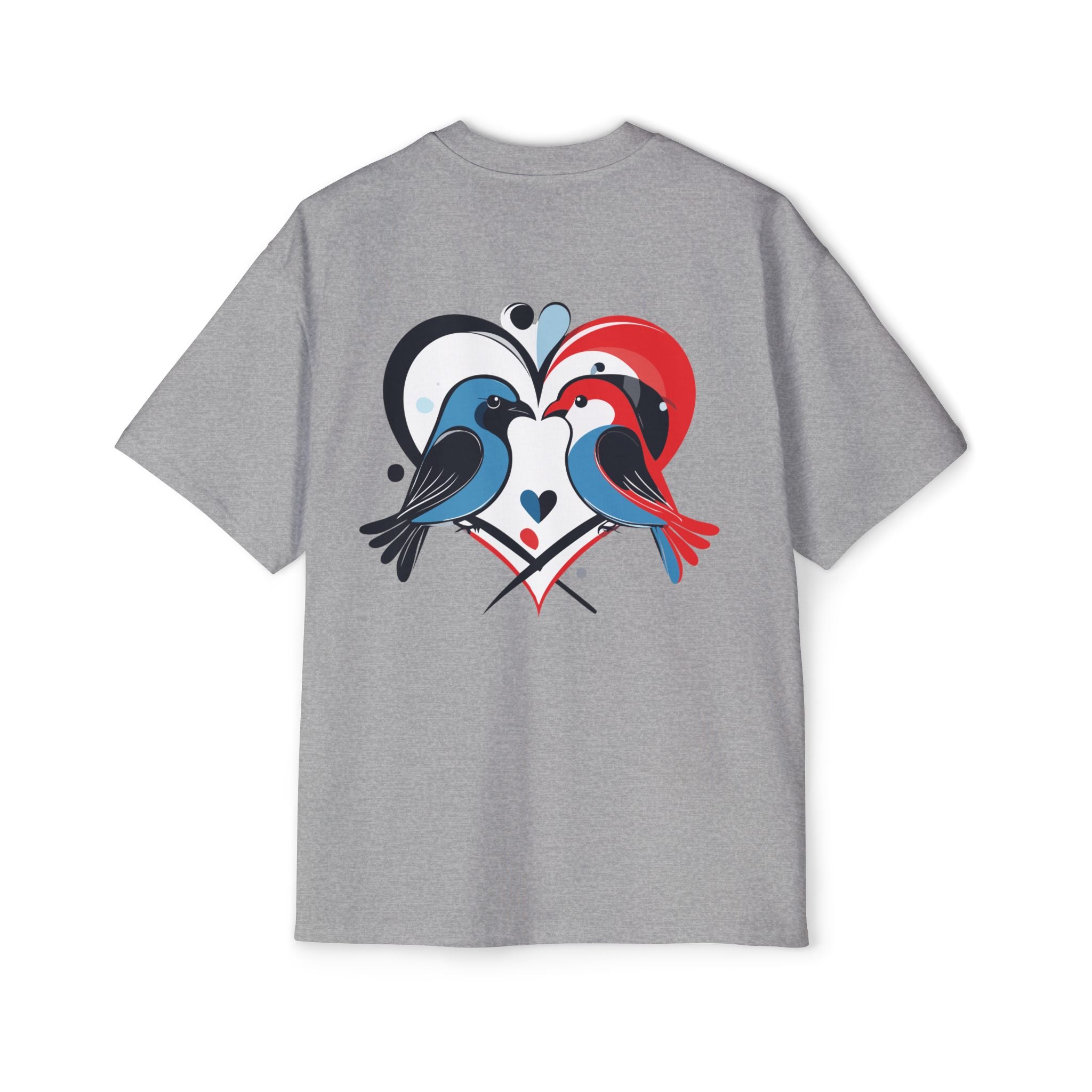 Gray t-shirt with a graphic of two birds and a heart on the back against a white background