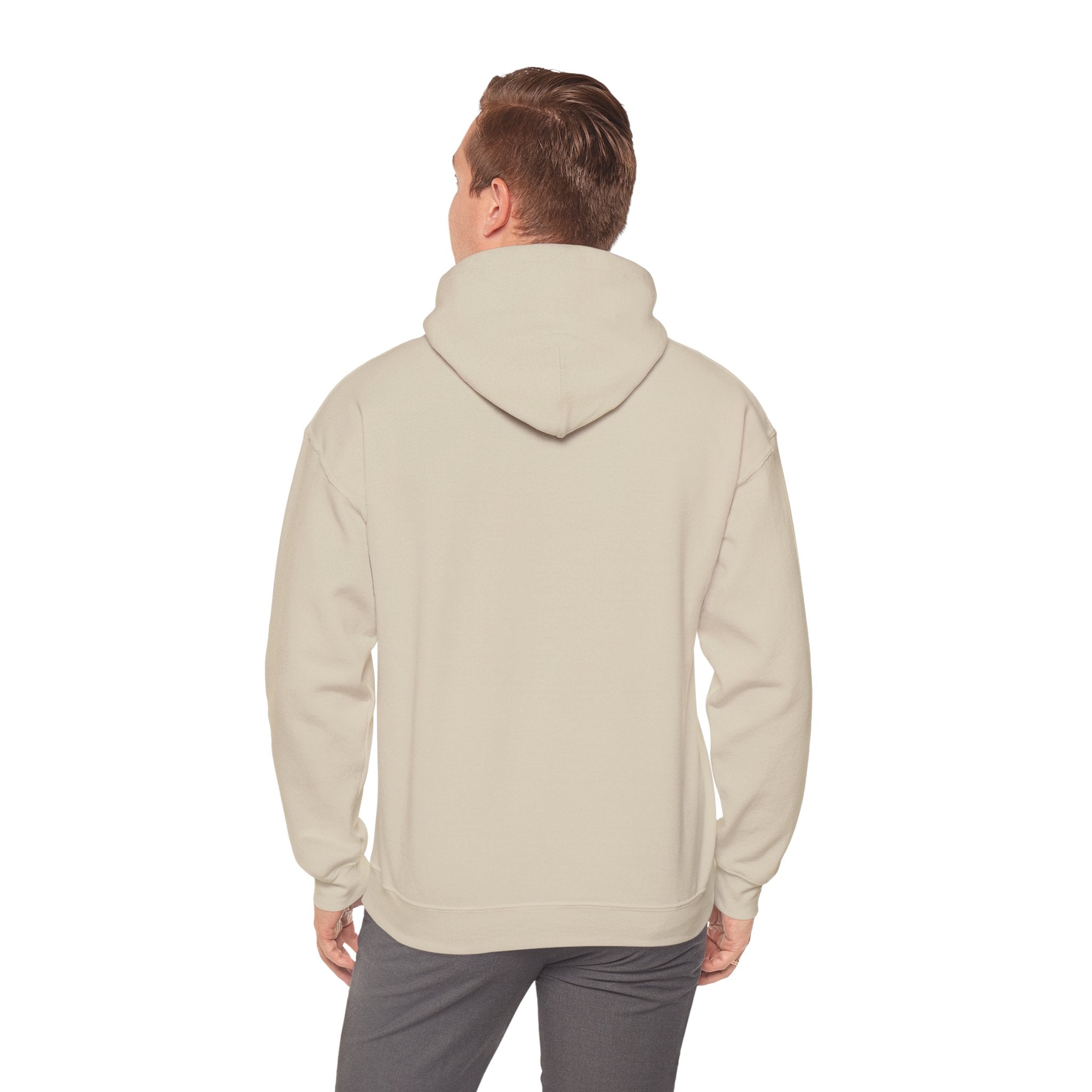 Person wearing a beige hoodie on a white background