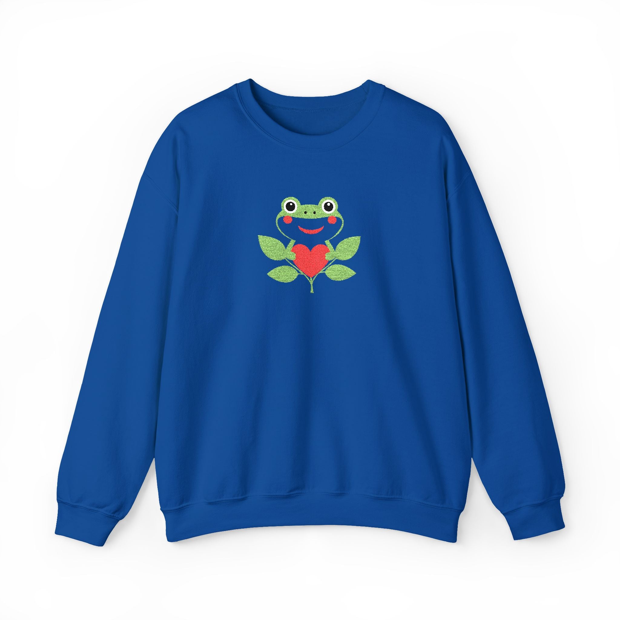 Blue sweatshirt with a frog and heart design on a white background