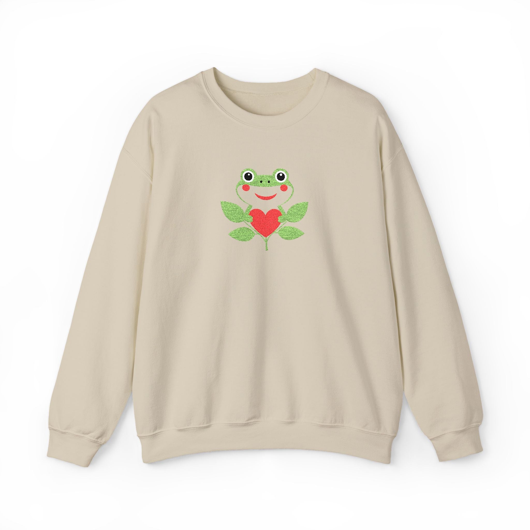 Beige sweatshirt with a frog and heart design on a white background