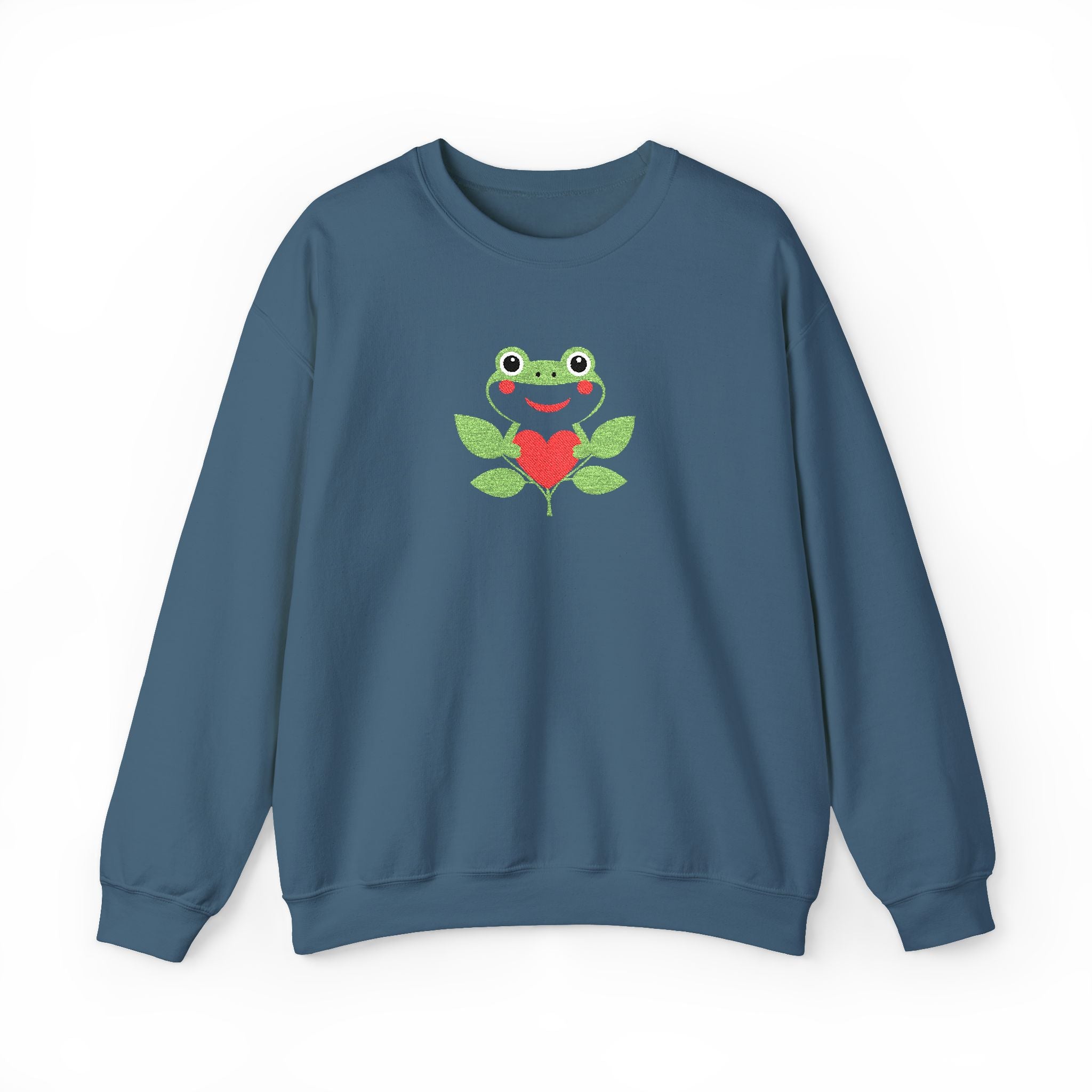 Blue sweatshirt with a frog and heart design on a white background