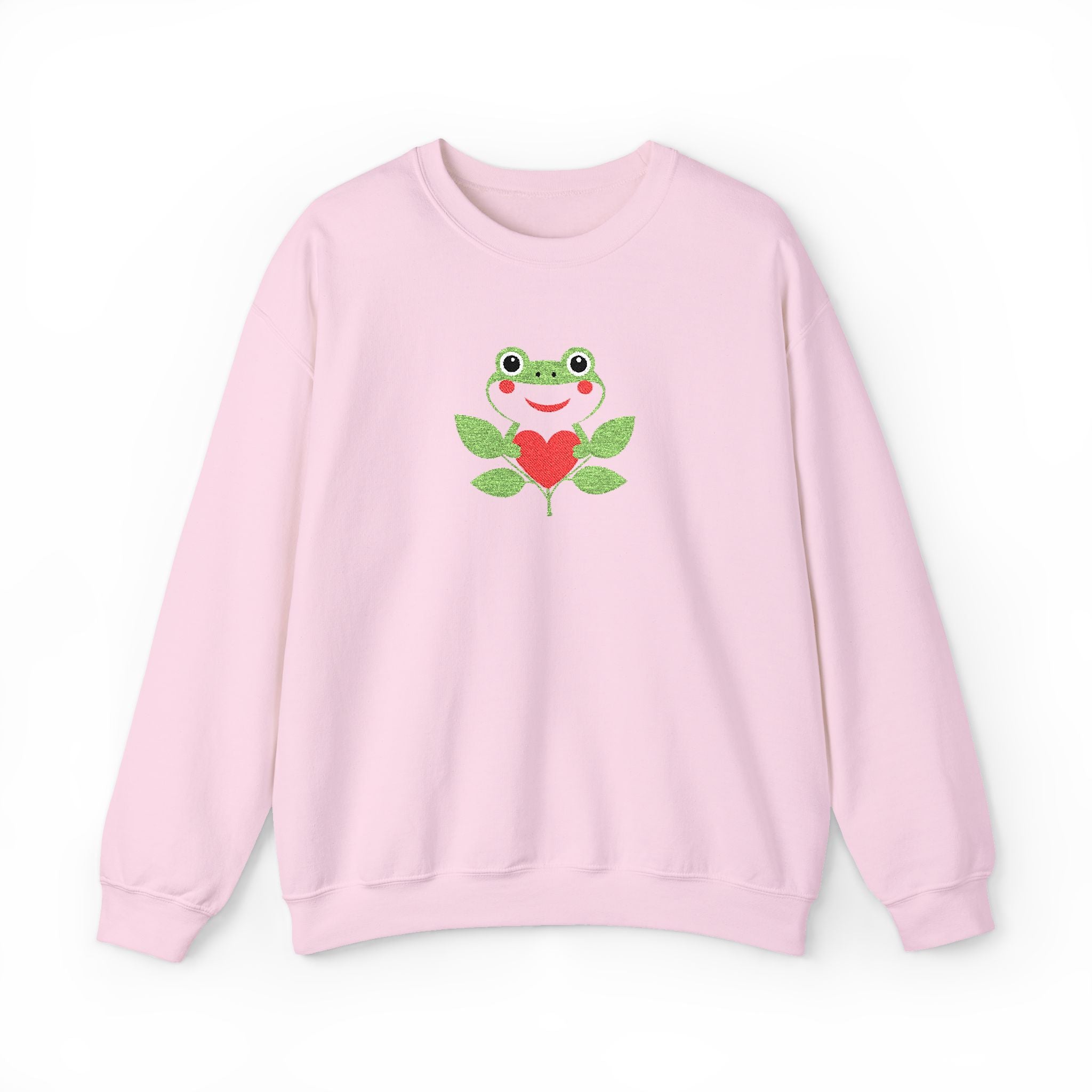 Pink sweatshirt with a frog and heart design on a white background