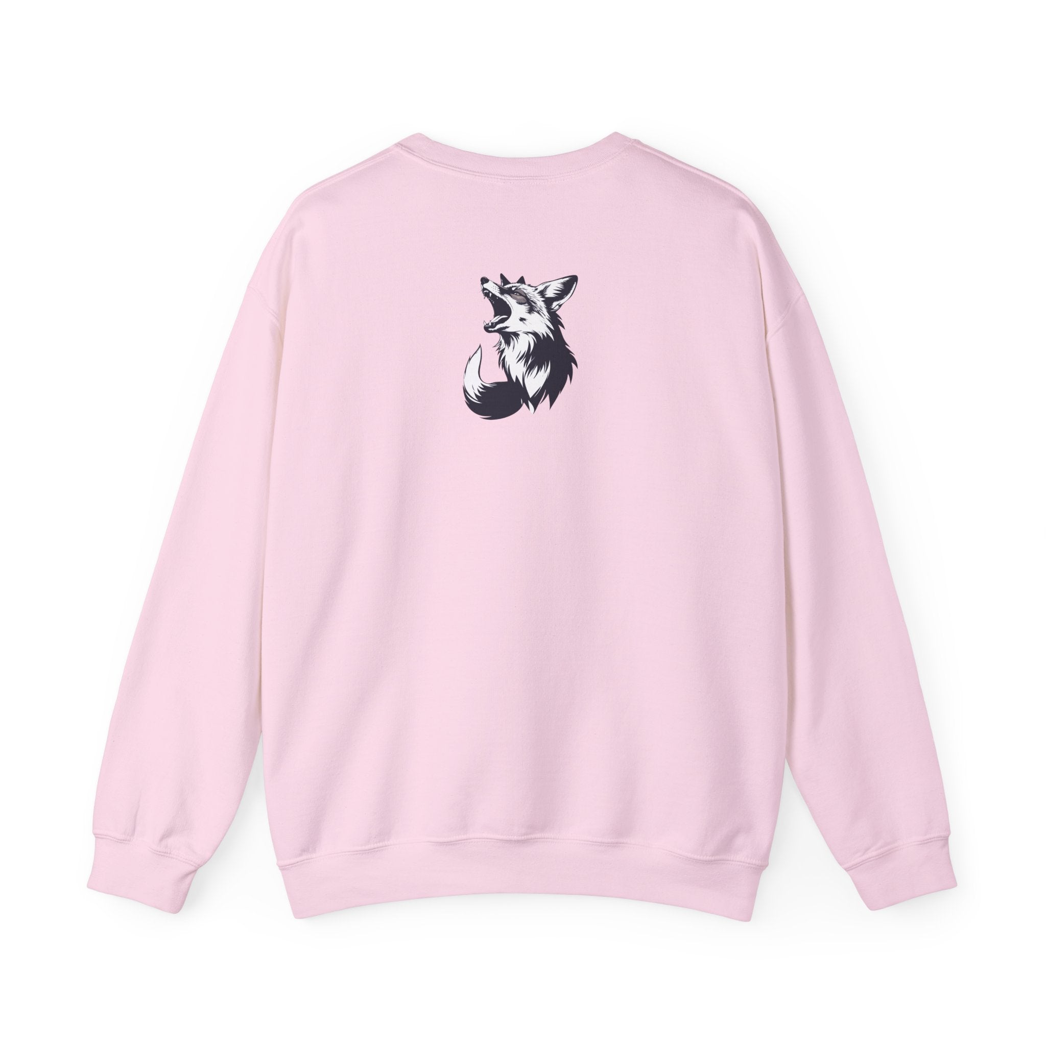Pink sweatshirt with a black fox design on the back against a white background