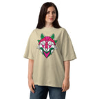 Woman wearing a beige t-shirt with a colorful wolf graphic design on a white background