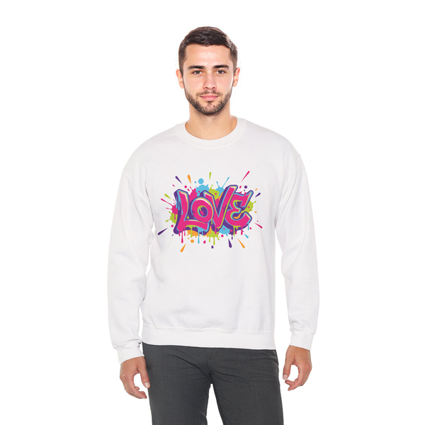 Man wearing a white sweatshirt with colorful 'LOVE' graphic on a white background