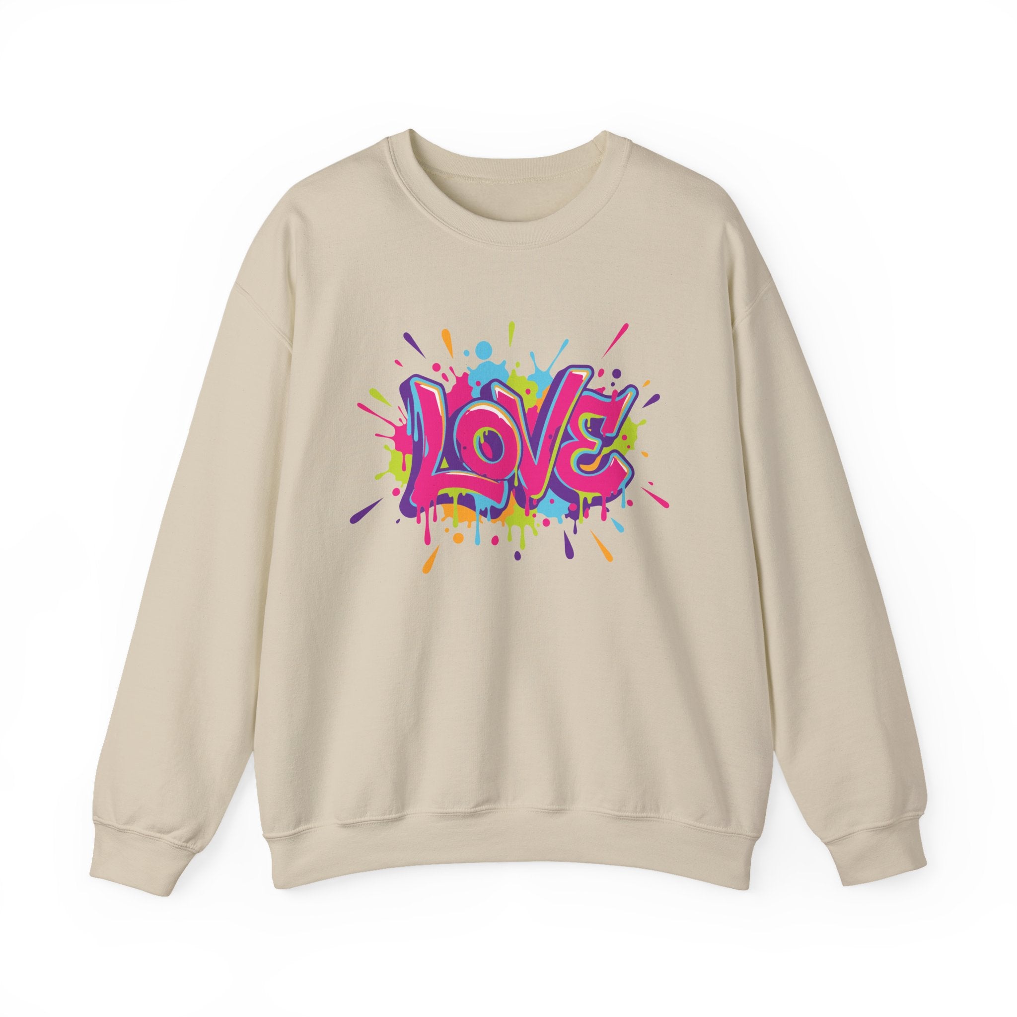 Beige sweatshirt with colorful 'LOVE' graphic on a white background