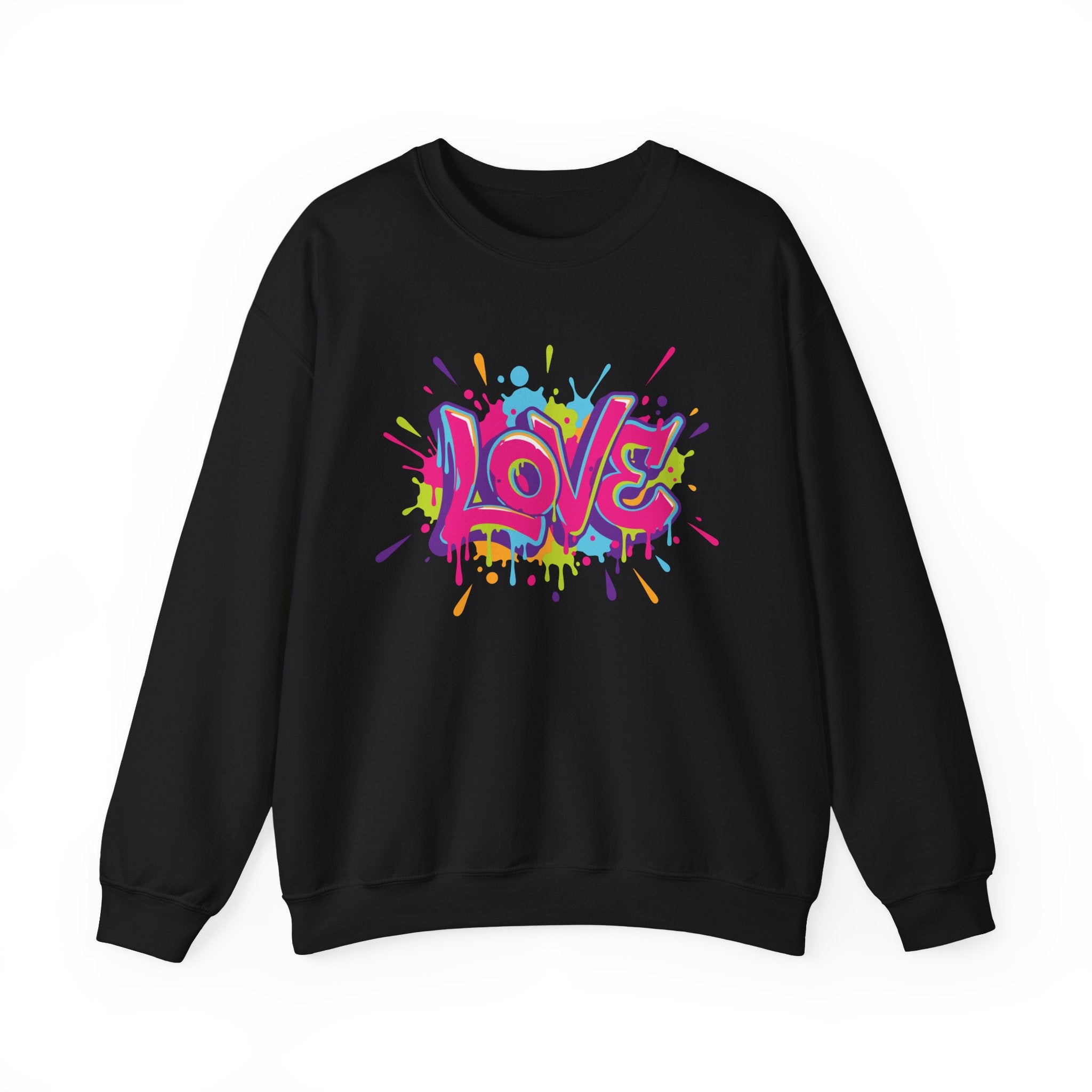 Black sweatshirt with colorful 'LOVE' graphic on a white background