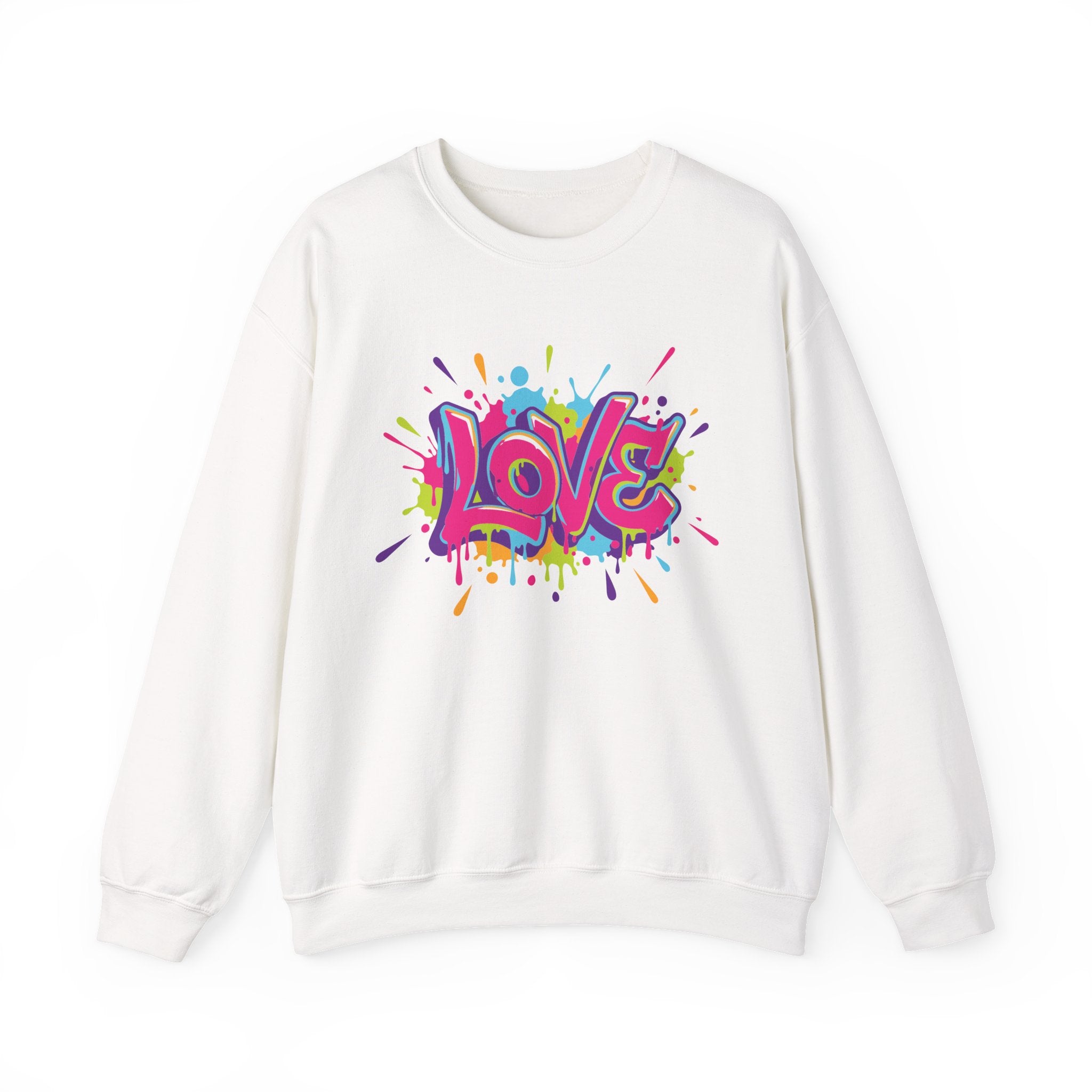 White sweatshirt with colorful 'LOVE' graphic on a white background