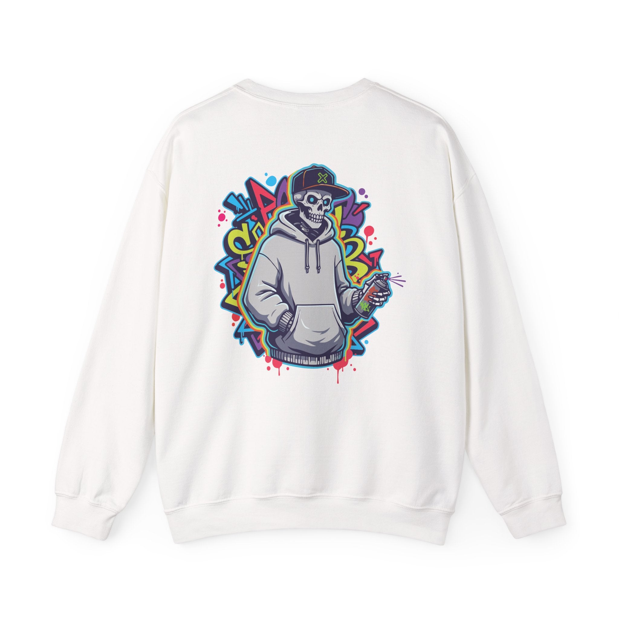 White sweatshirt with a colorful graphic of a skeleton wearing a hoodie on the back