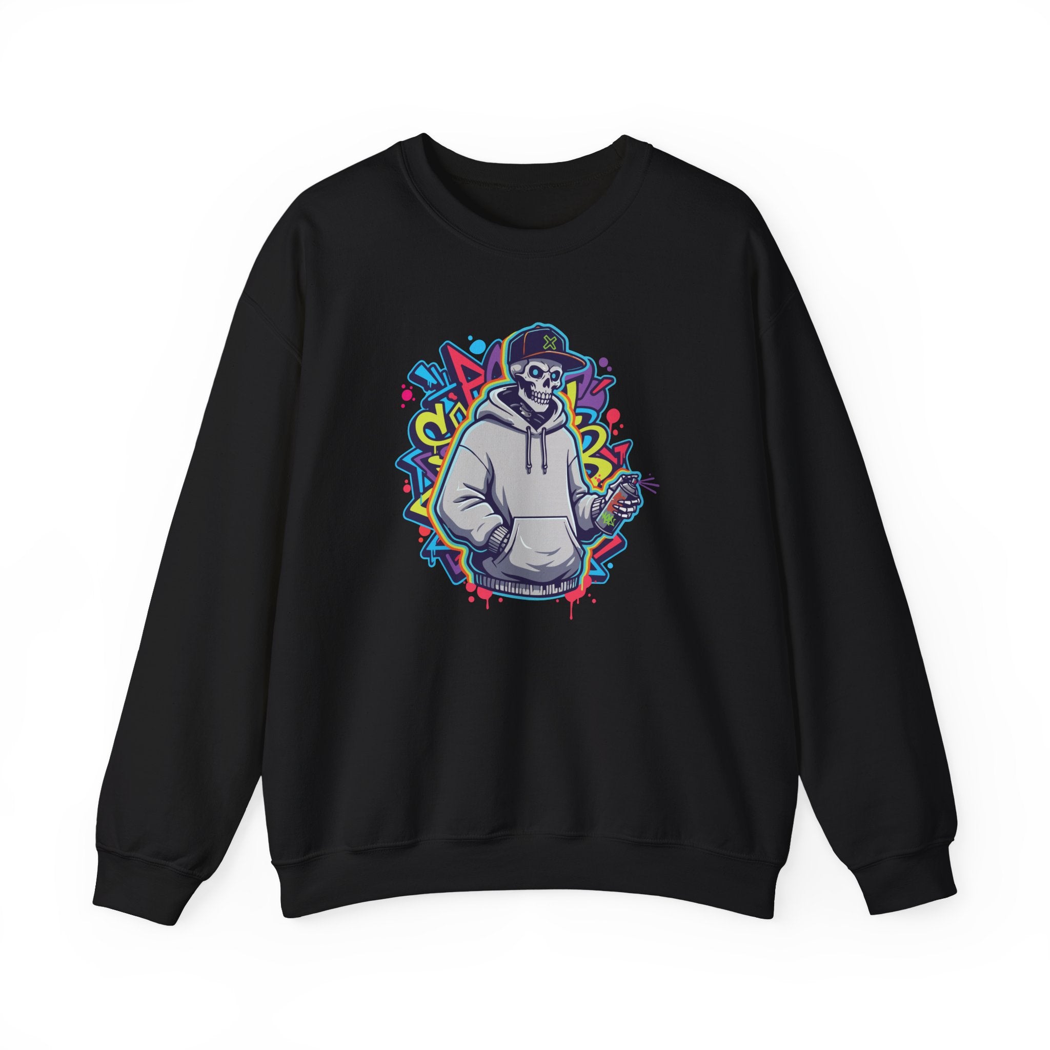 Black sweatshirt with colorful graphic design on a white background