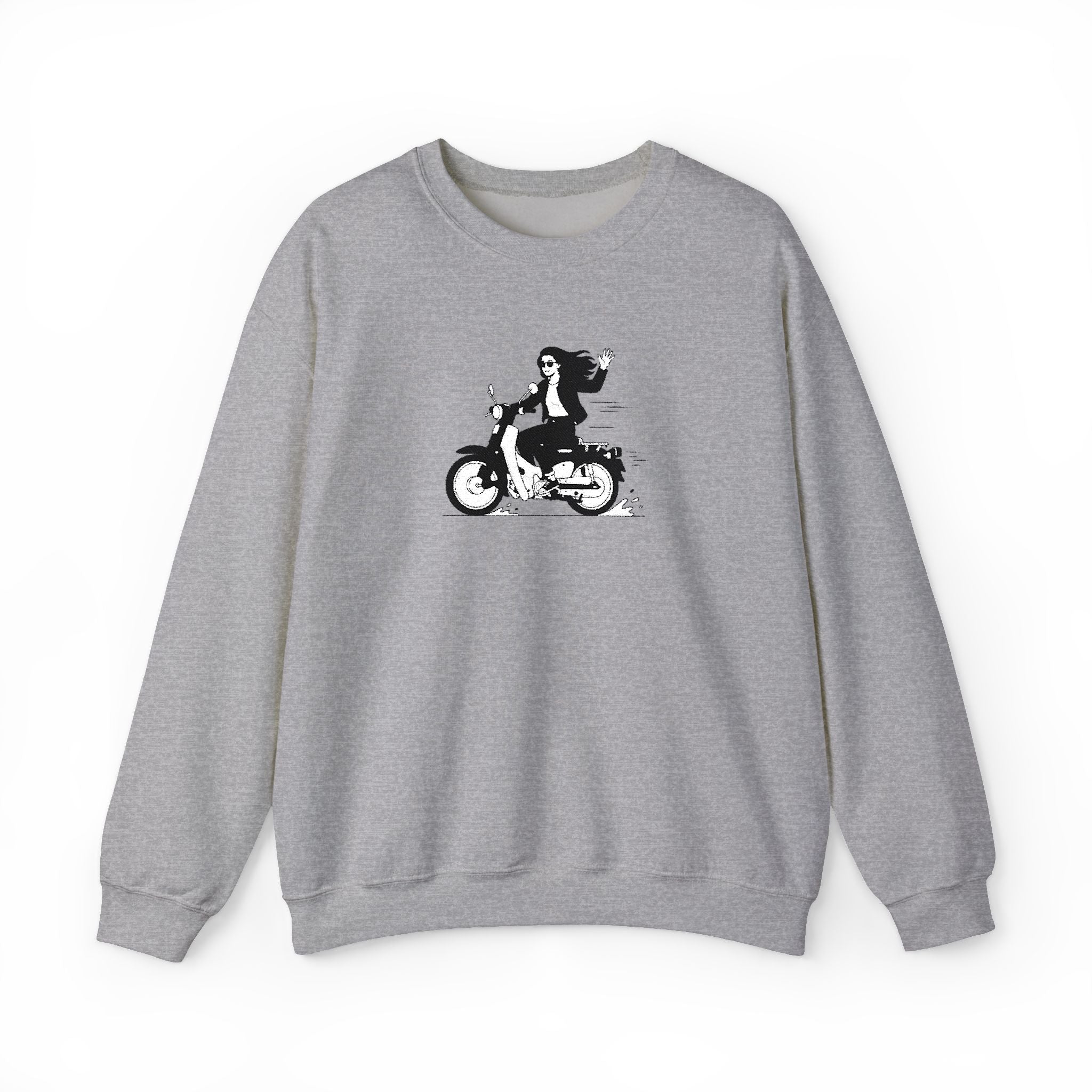 Gray sweatshirt with a graphic of a person on a motorcycle on a white background