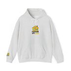 Gray hoodie with a graphic design on the chest and sleeve against a white background