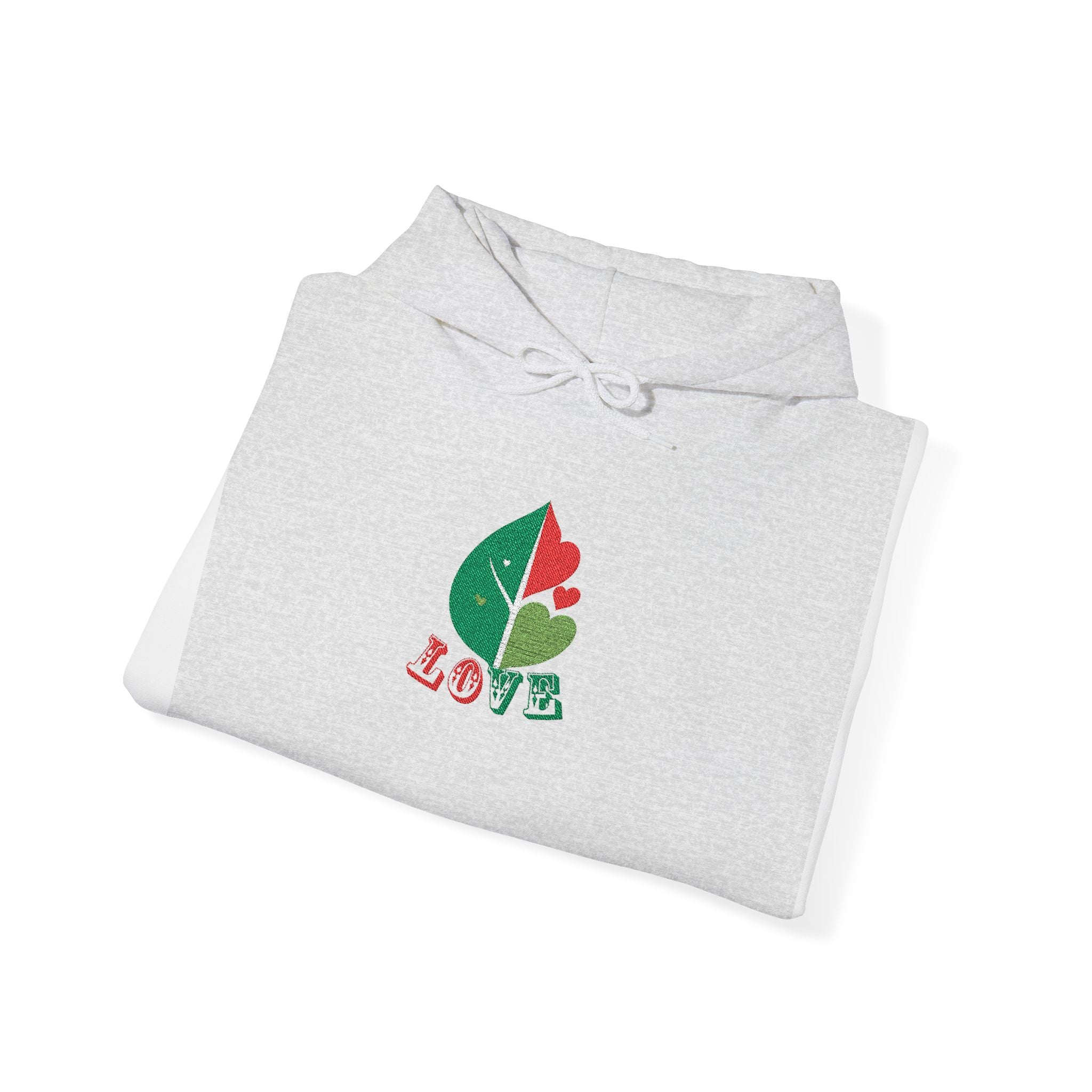 Folded gray hoodie with a colorful leaf design and 'LOVE' text on a white background