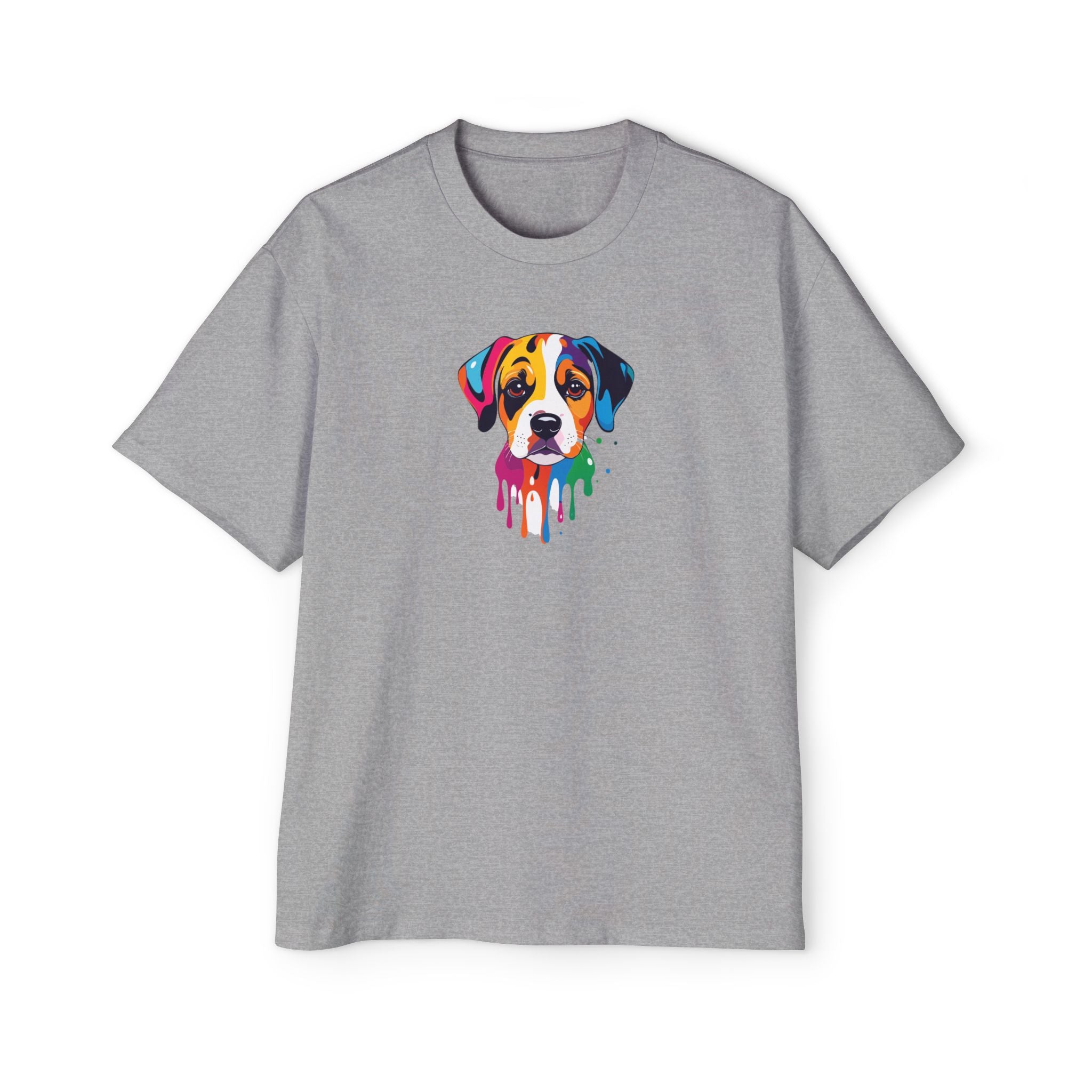 Gray t-shirt with a colorful dog graphic on a white background
