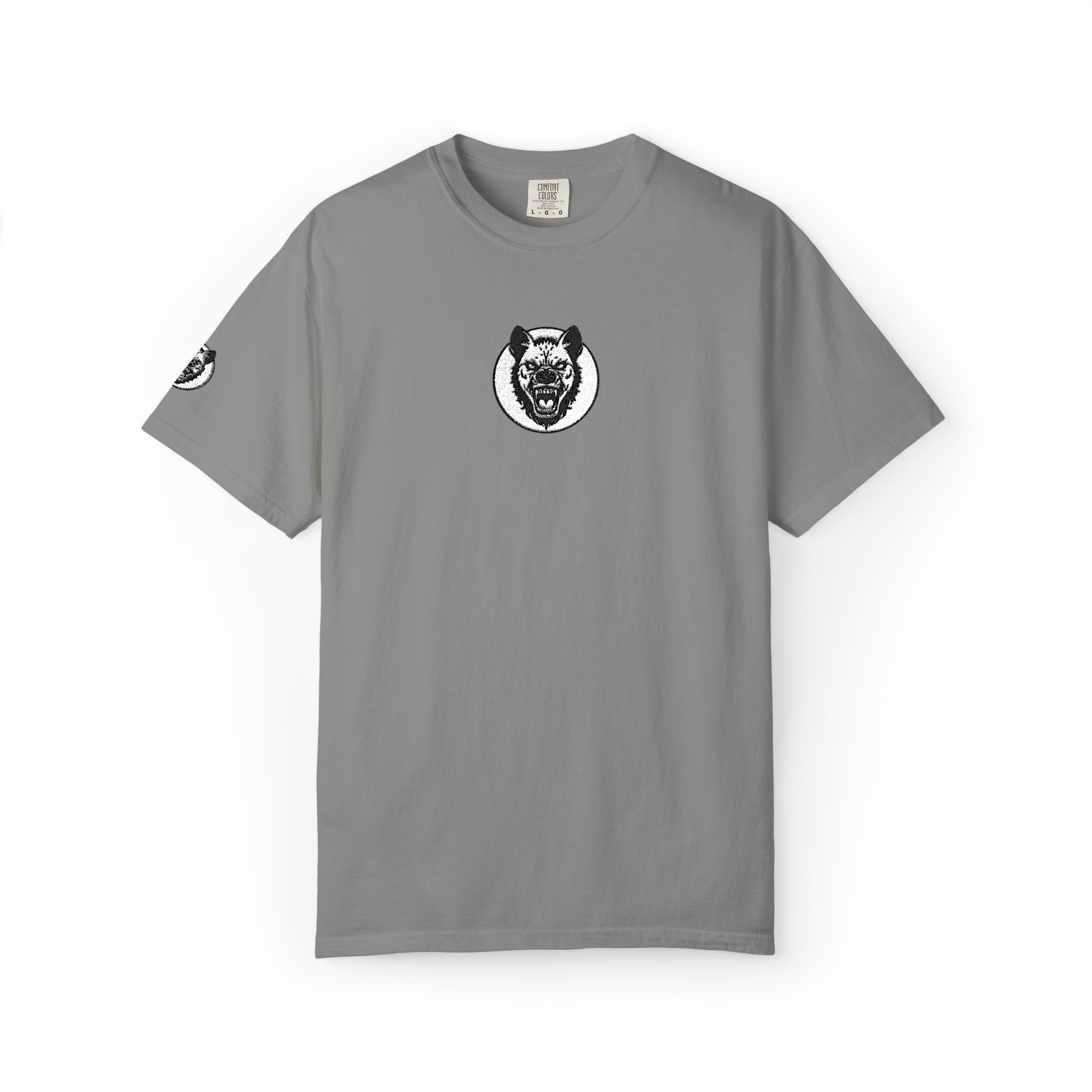 Gray t-shirt with a black and white logo on a white background