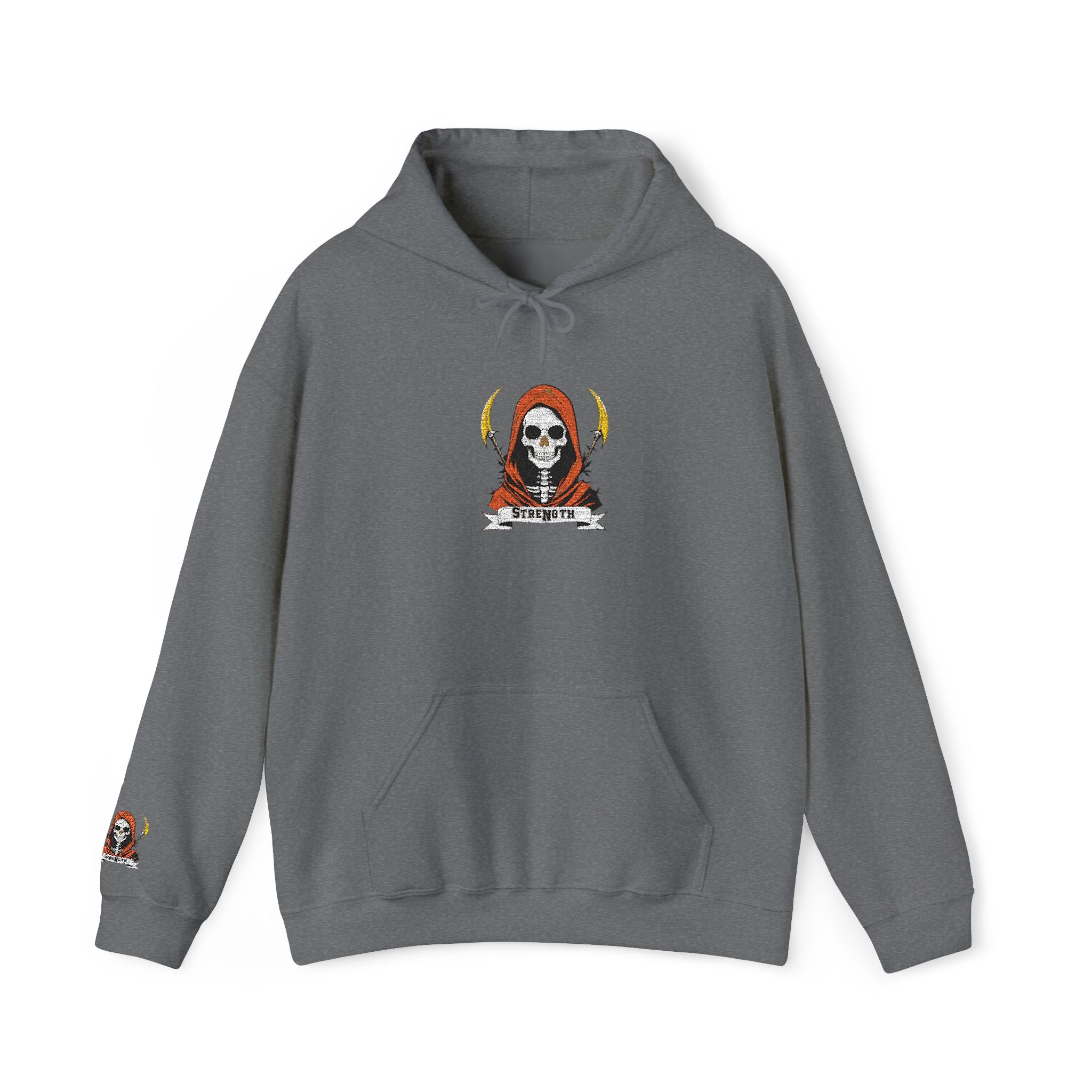 Gray hoodie with a graphic design on a white background