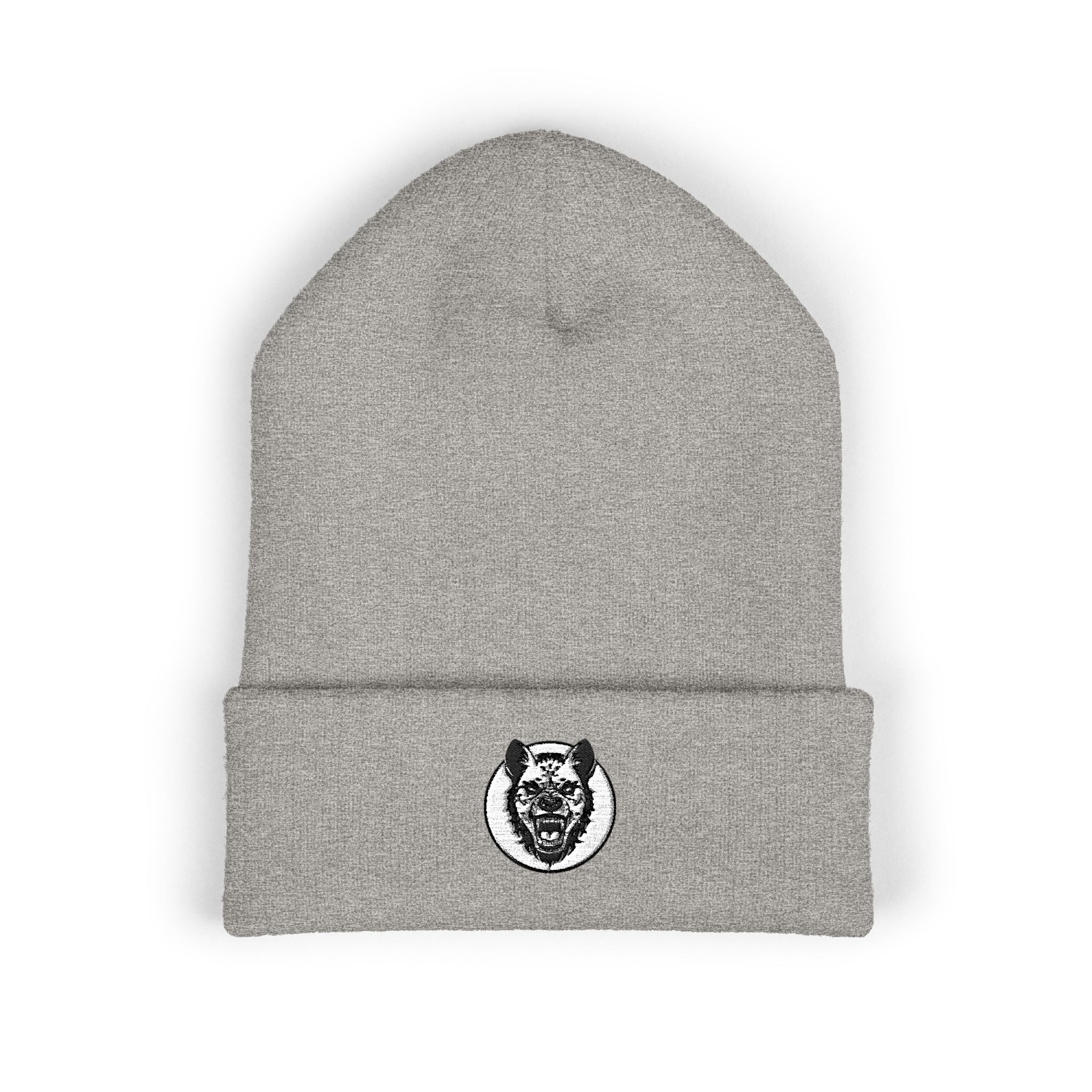 Gray beanie with a black and white logo on a white background