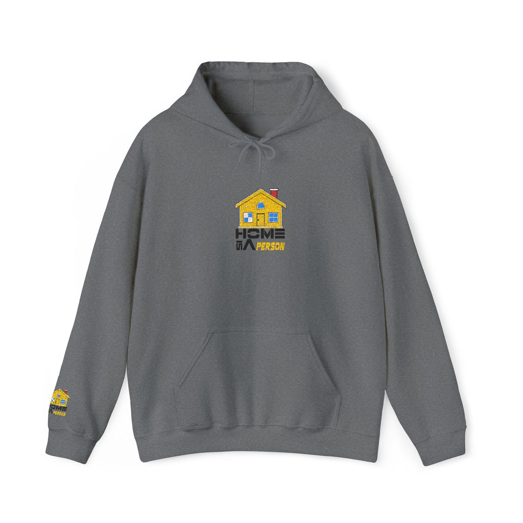 Gray hoodie with a house logo and text on a white background