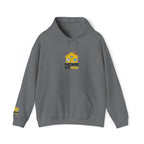 Gray hoodie with a house logo and text on a white background