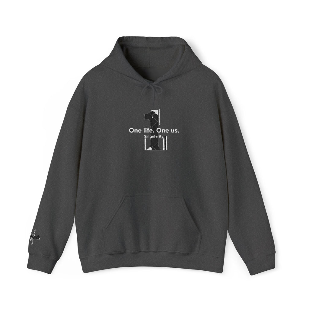 Gray hoodie with a graphic design and text on a white background