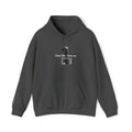 Gray hoodie with a graphic design and text on a white background