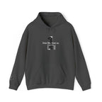 Gray hoodie with a graphic design and text on a white background
