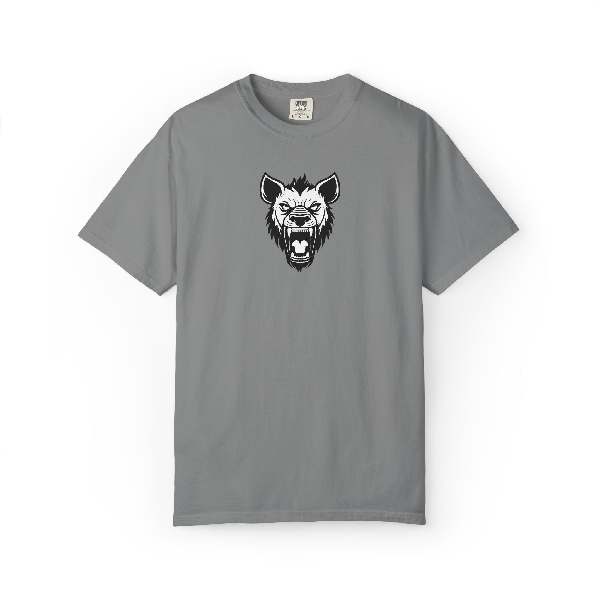 Gray t-shirt with a wolf graphic on a white background
