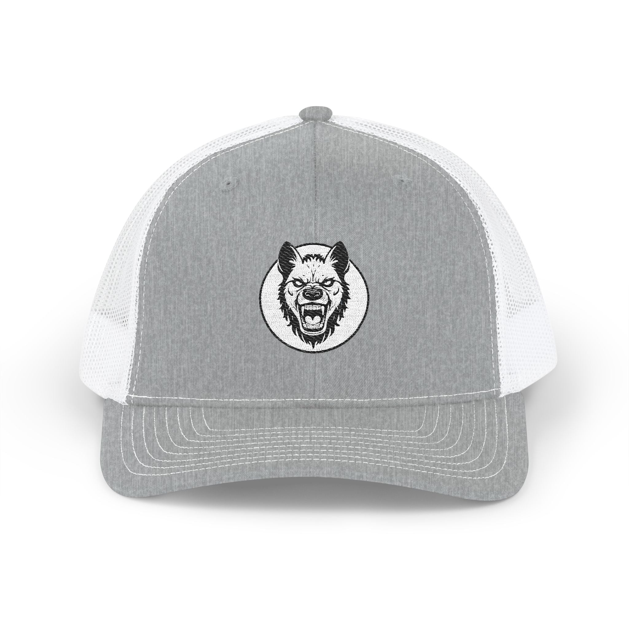 Gray and white cap with a wolf logo on a white background