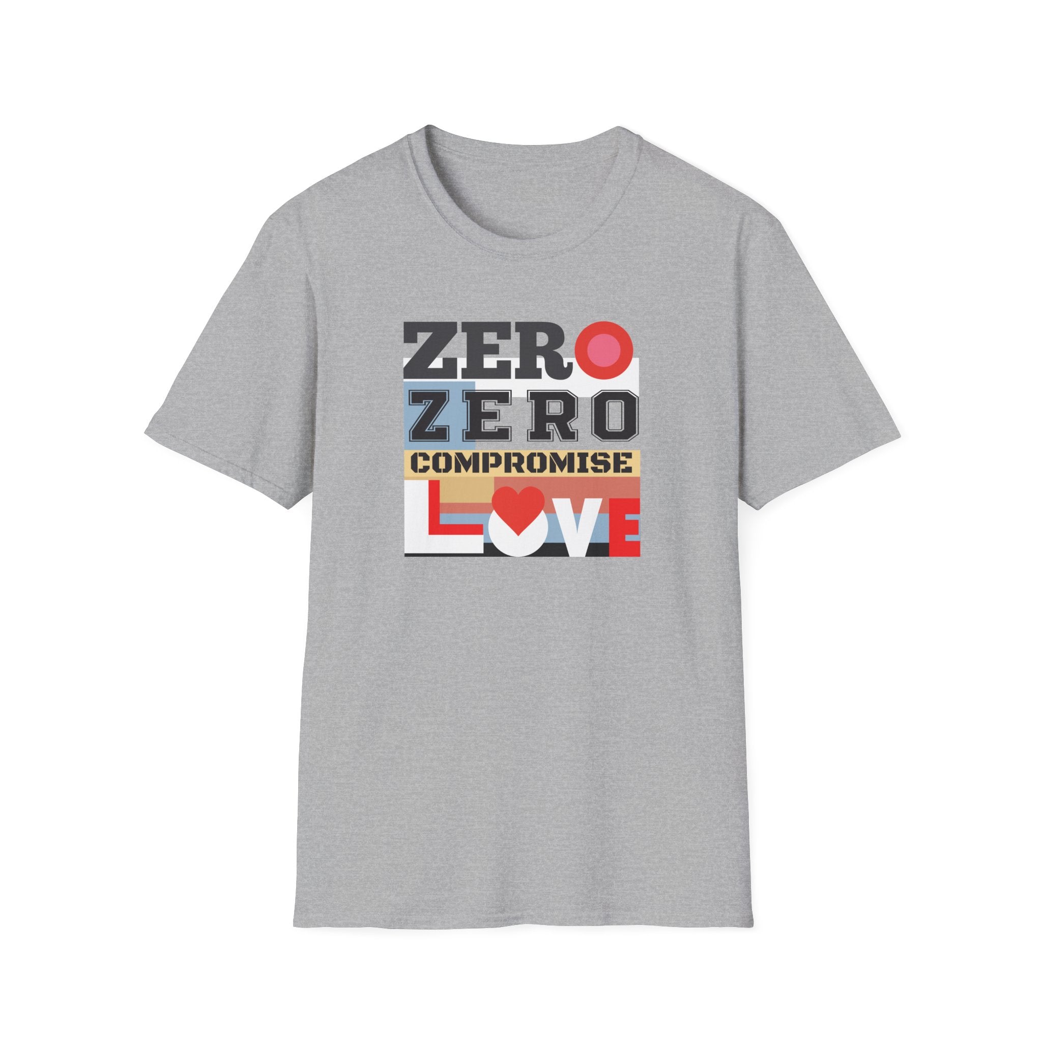 Gray t-shirt with colorful graphic design on a white background