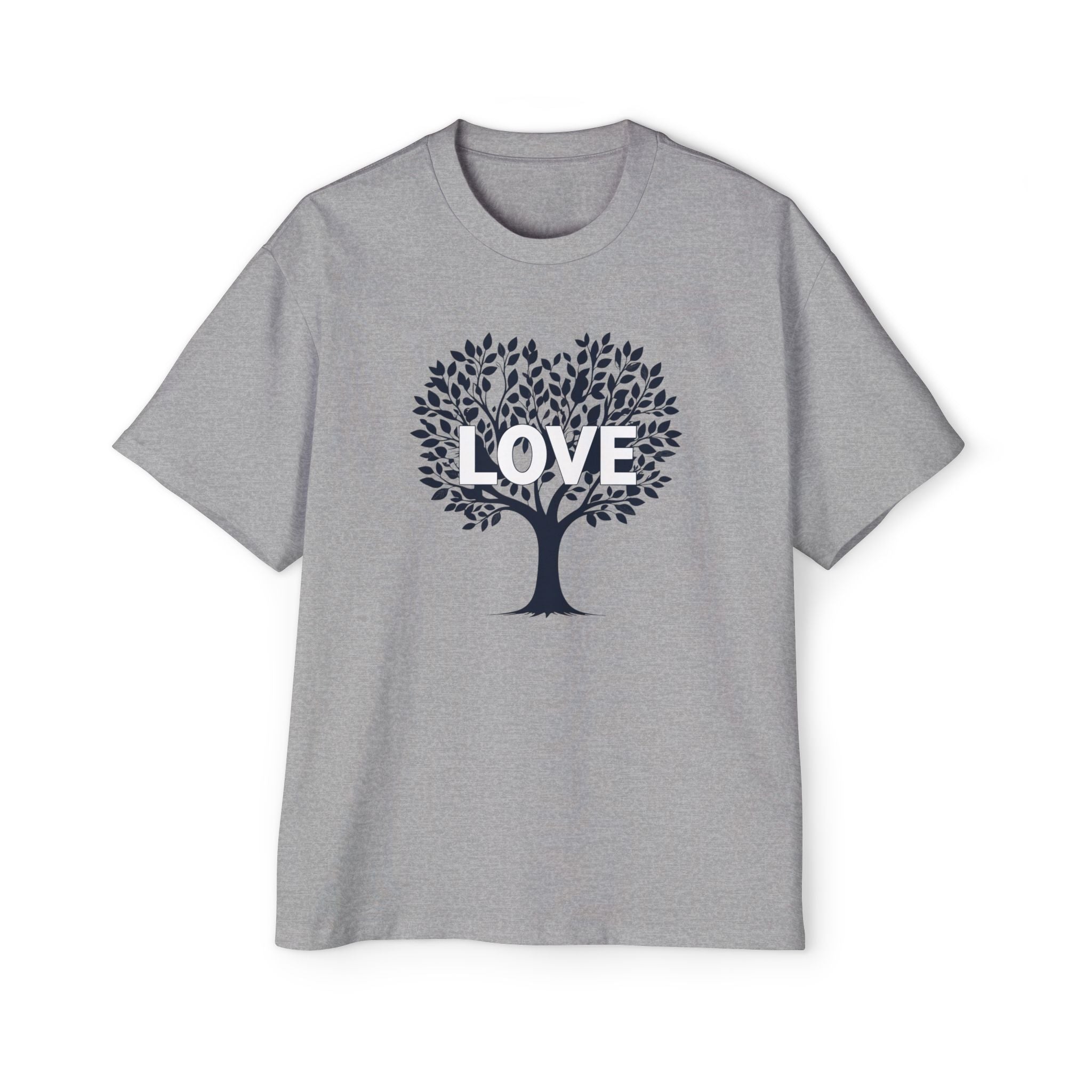 Gray t-shirt with a tree design and 'LOVE' text on a white background