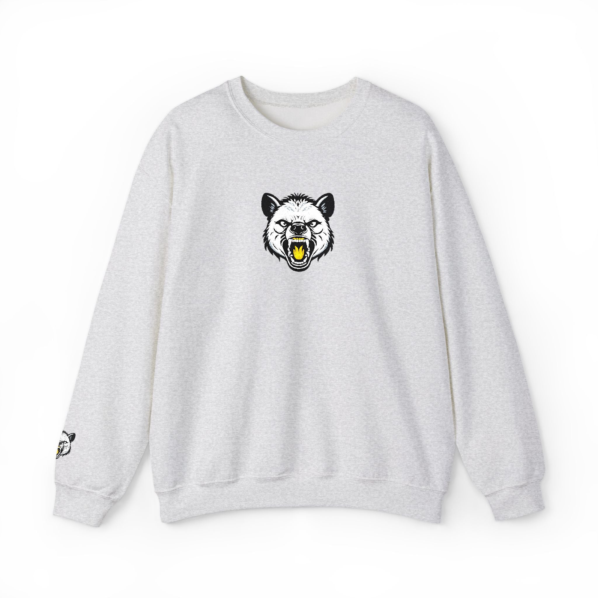 Gray sweatshirt with a bear graphic on a white background