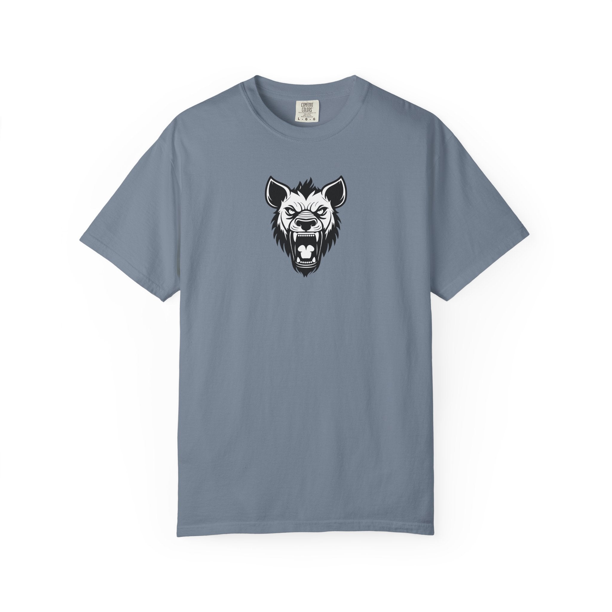 Gray t-shirt with a wolf graphic on a white background