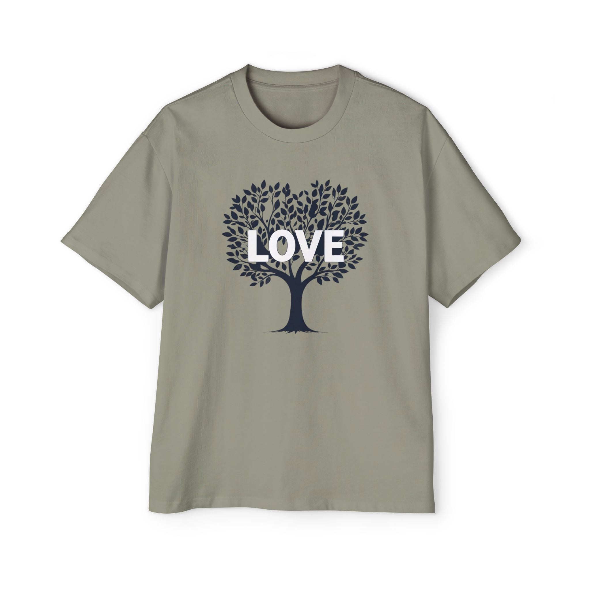 Gray t-shirt with a tree design and 'LOVE' text on a white background
